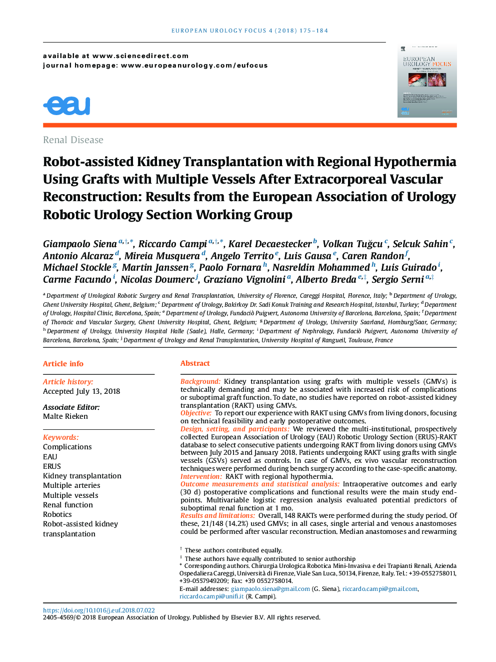 Robot-assisted Kidney Transplantation with Regional Hypothermia Using Grafts with Multiple Vessels After Extracorporeal Vascular Reconstruction: Results from the European Association of Urology Robotic Urology Section Working Group