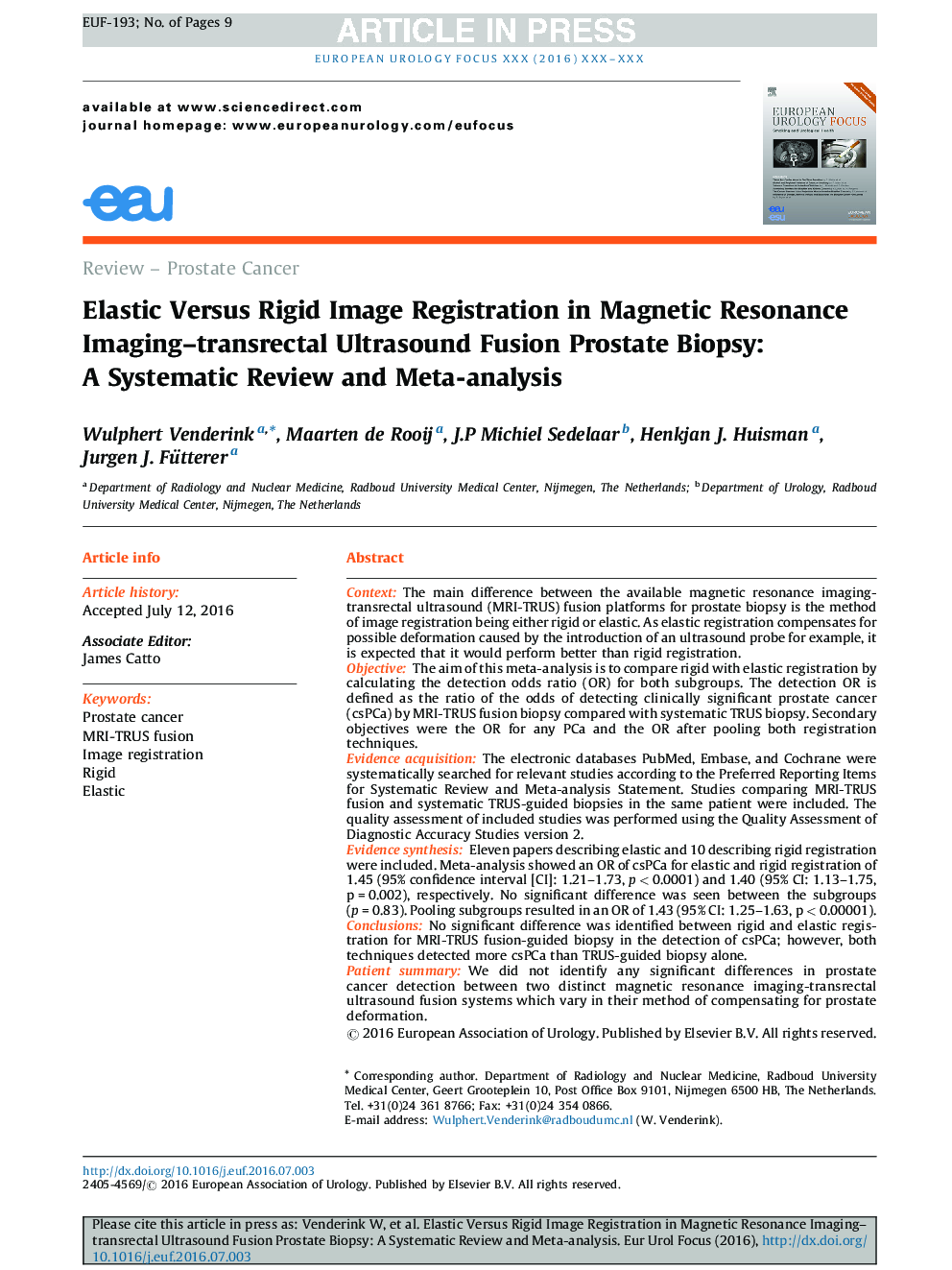 Elastic Versus Rigid Image Registration in Magnetic Resonance Imaging-transrectal Ultrasound Fusion Prostate Biopsy: A Systematic Review and Meta-analysis