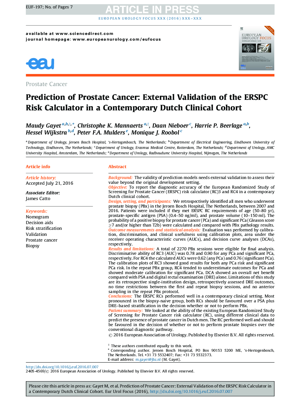 Prediction of Prostate Cancer: External Validation of the ERSPC Risk Calculator in a Contemporary Dutch Clinical Cohort