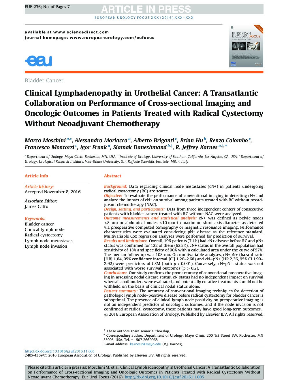 Clinical Lymphadenopathy in Urothelial Cancer: A Transatlantic Collaboration on Performance of Cross-sectional Imaging and Oncologic Outcomes in Patients Treated with Radical Cystectomy Without Neoadjuvant Chemotherapy