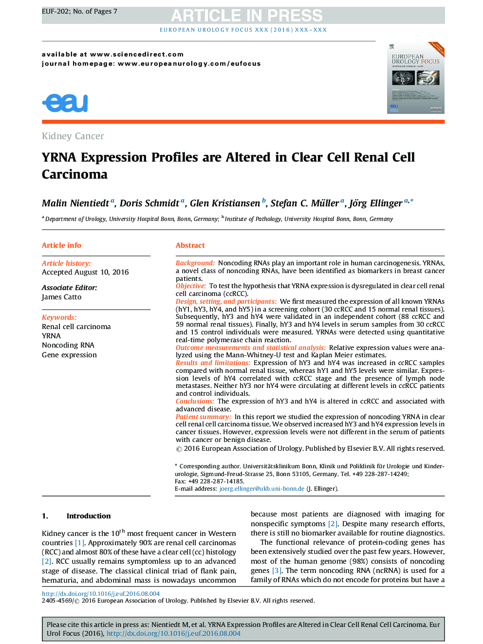 YRNA Expression Profiles are Altered in Clear Cell Renal Cell Carcinoma