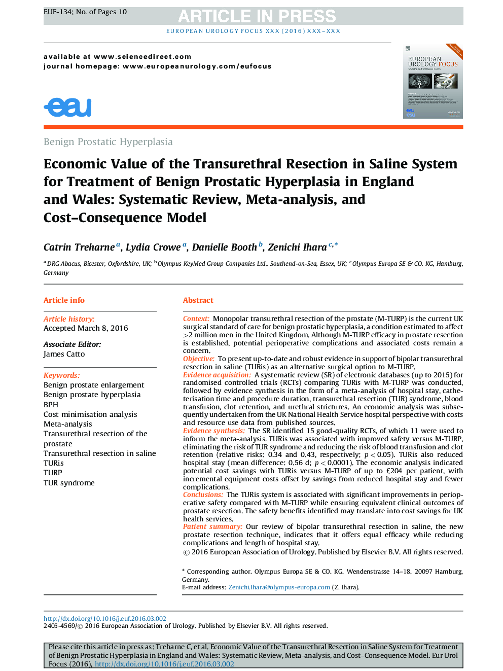 Economic Value of the Transurethral Resection in Saline System for Treatment of Benign Prostatic Hyperplasia in England and Wales: Systematic Review, Meta-analysis, and Cost-Consequence Model