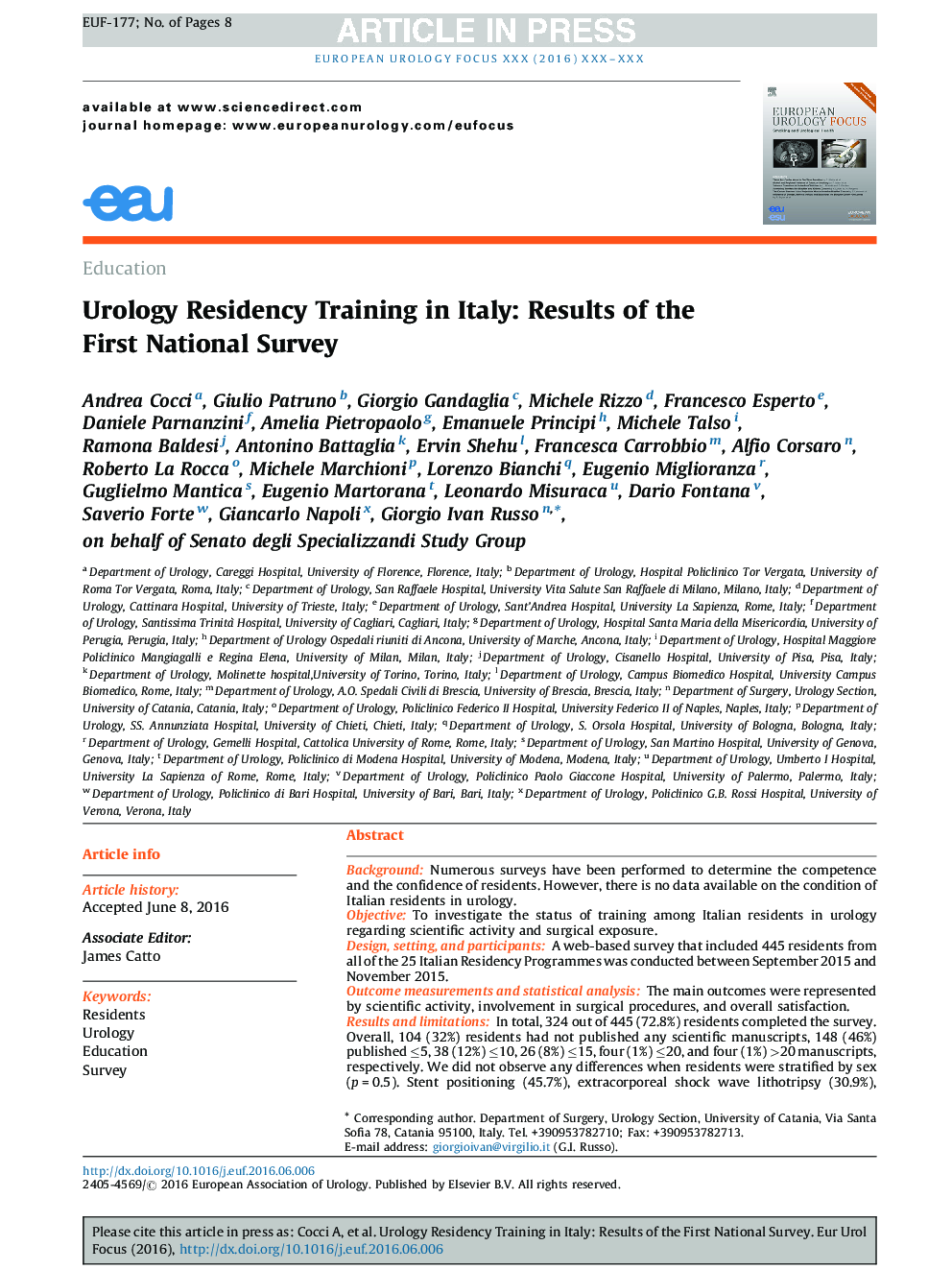 Urology Residency Training in Italy: Results of the First National Survey