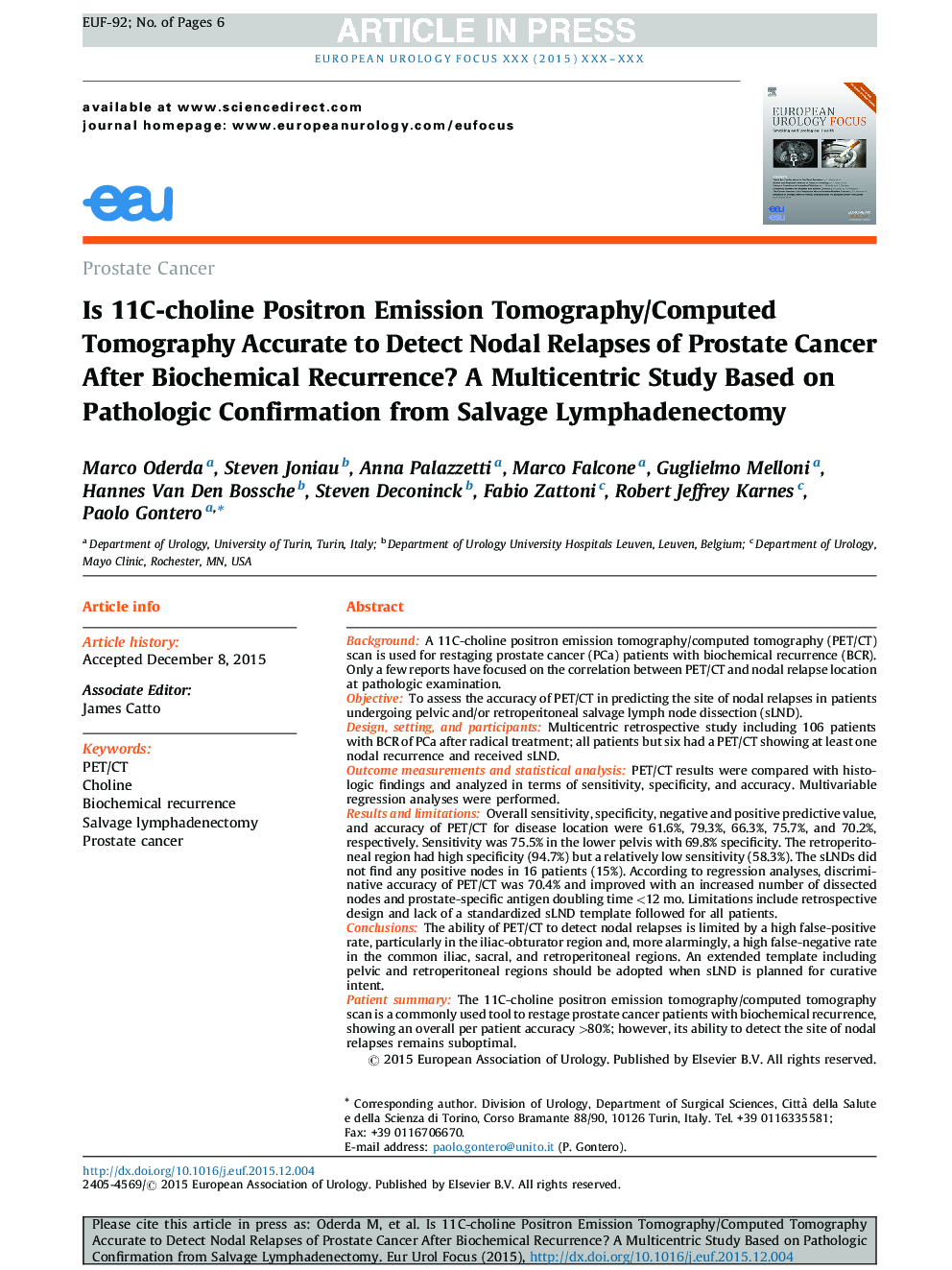 Is 11C-choline Positron Emission Tomography/Computed Tomography Accurate to Detect Nodal Relapses of Prostate Cancer After Biochemical Recurrence? A Multicentric Study Based on Pathologic Confirmation from Salvage Lymphadenectomy