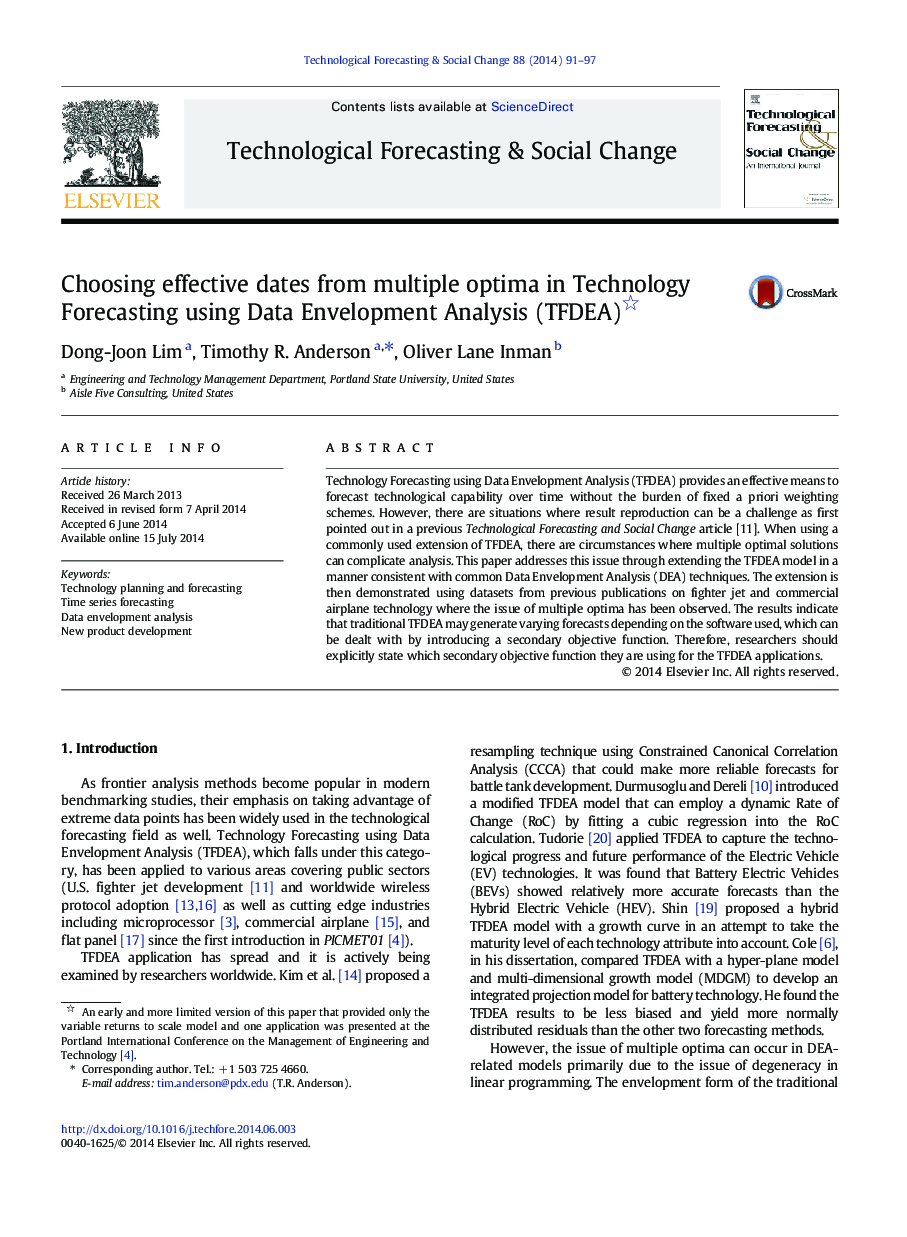 Choosing effective dates from multiple optima in Technology Forecasting using Data Envelopment Analysis (TFDEA) 