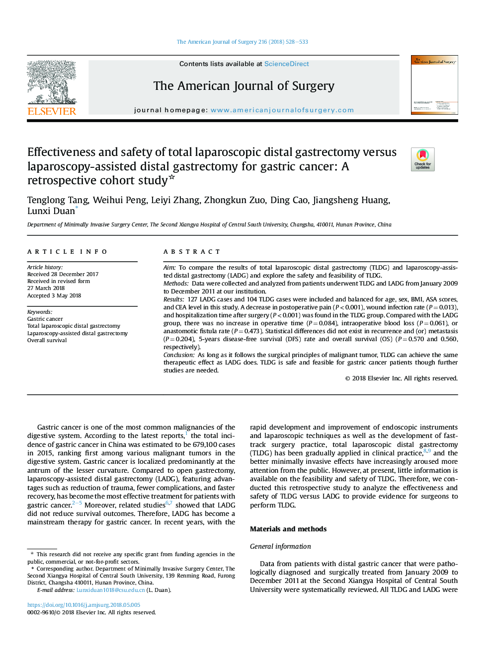 Effectiveness and safety of total laparoscopic distal gastrectomy versus laparoscopy-assisted distal gastrectomy for gastric cancer: A retrospective cohort study