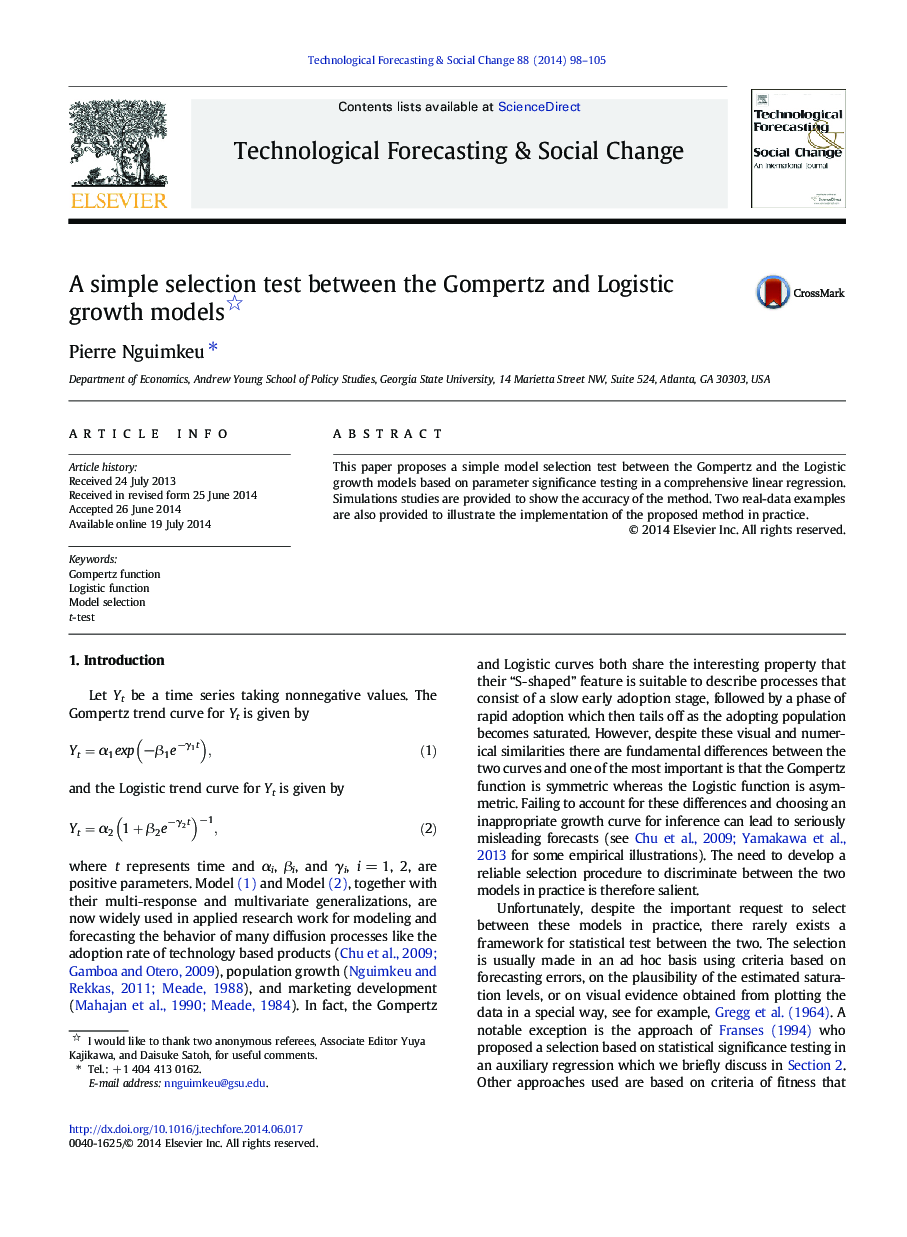 A simple selection test between the Gompertz and Logistic growth models 