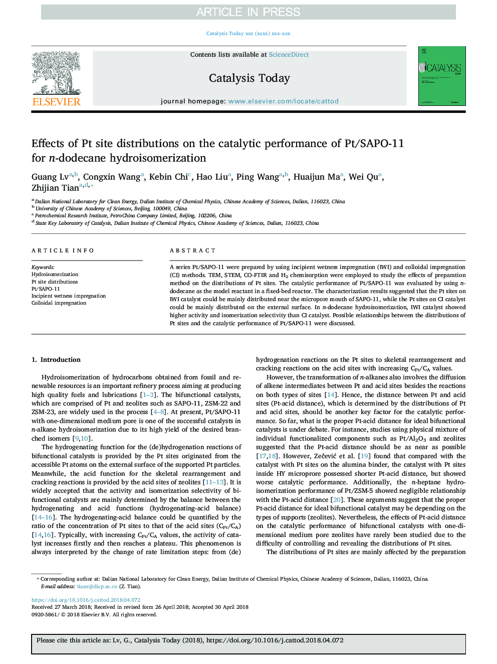 Effects of Pt site distributions on the catalytic performance of Pt/SAPO-11 for n-dodecane hydroisomerization