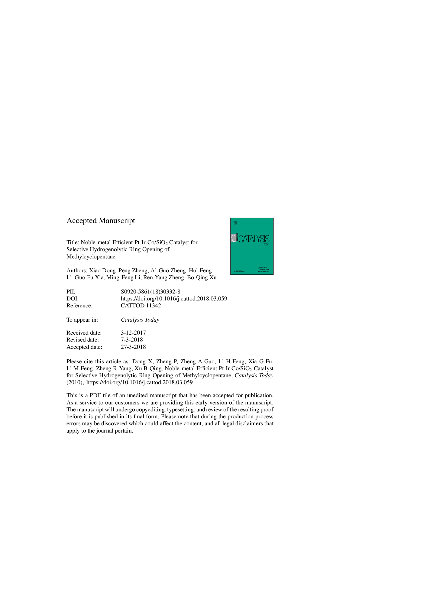 عکس صفحه اول مقاله: Noble-metal efficient Pt-Ir-Co/SiO2 catalyst for selective hydrogenolytic ring opening of methylcyclopentane Noble-metal efficient Pt-Ir-Co/SiO2 catalyst for selective hydrogenolytic ring opening of methylcyclopentane