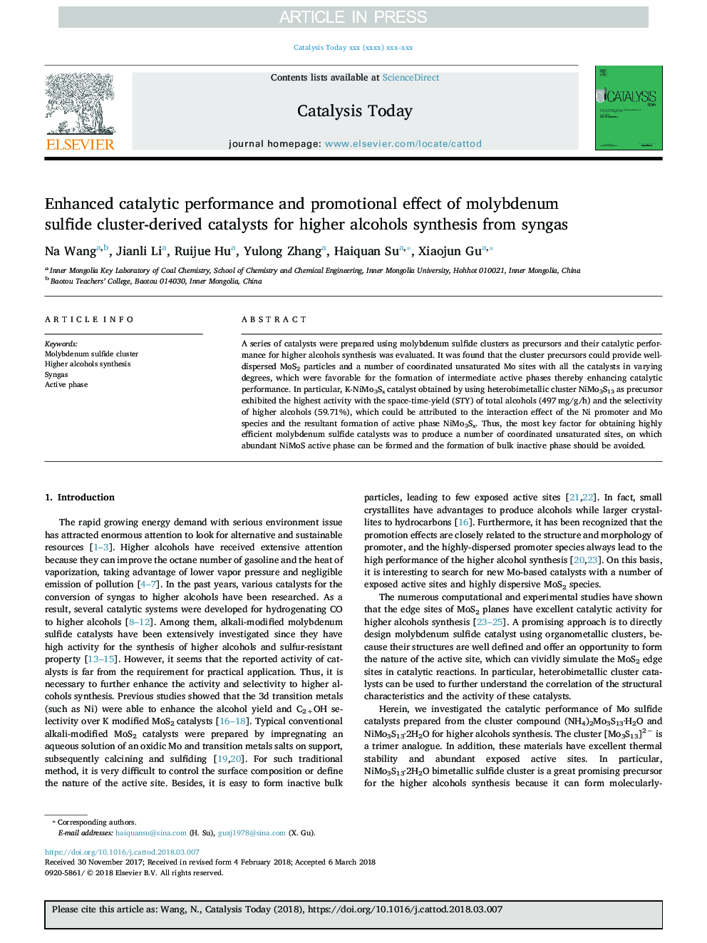 Enhanced catalytic performance and promotional effect of molybdenum sulfide cluster-derived catalysts for higher alcohols synthesis from syngas