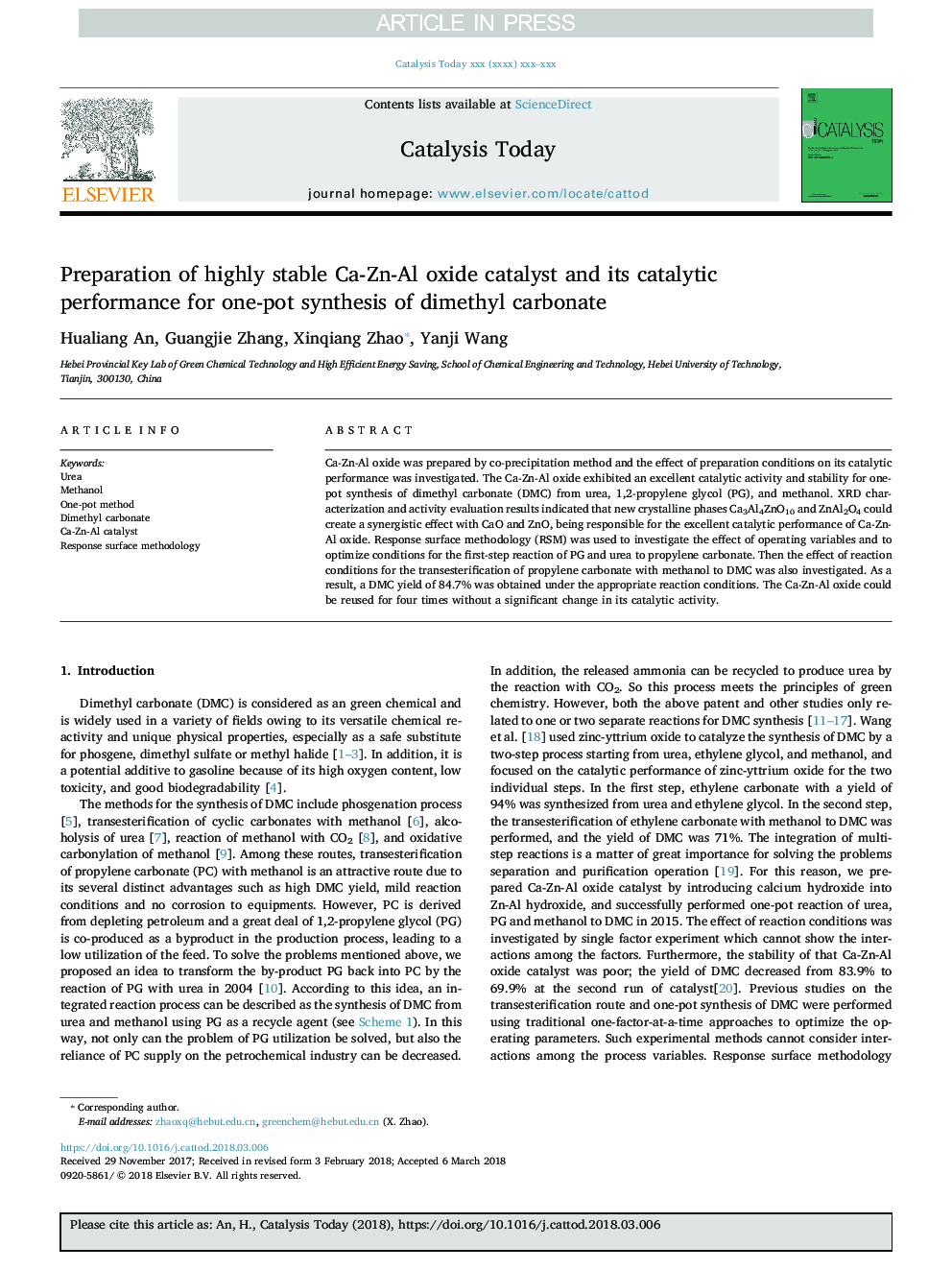 Preparation of highly stable Ca-Zn-Al oxide catalyst and its catalytic performance for one-pot synthesis of dimethyl carbonate