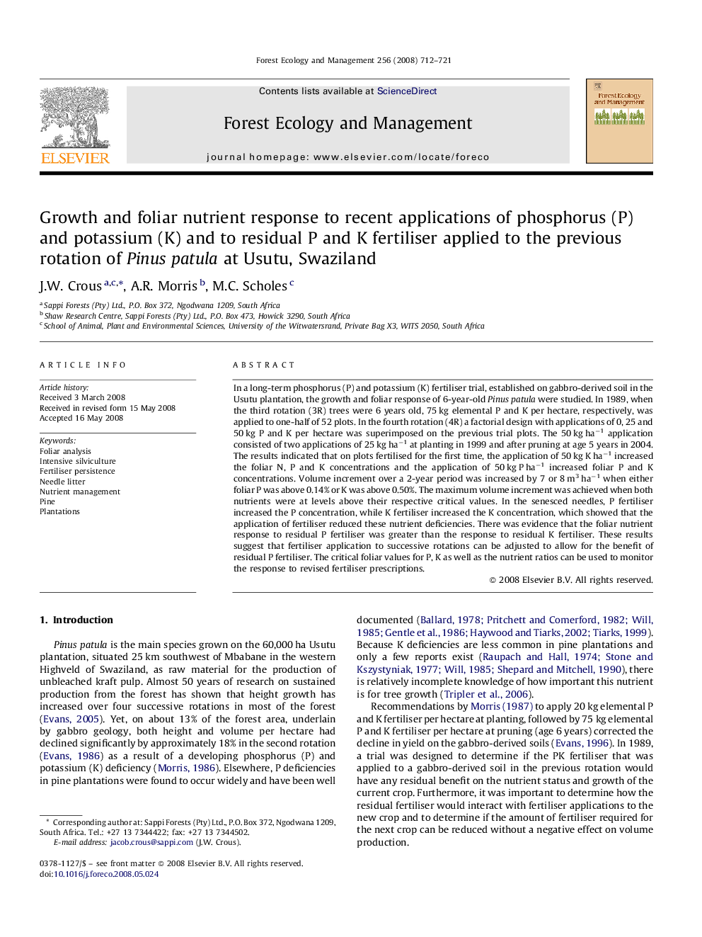 Growth and foliar nutrient response to recent applications of phosphorus (P) and potassium (K) and to residual P and K fertiliser applied to the previous rotation of Pinus patula at Usutu, Swaziland