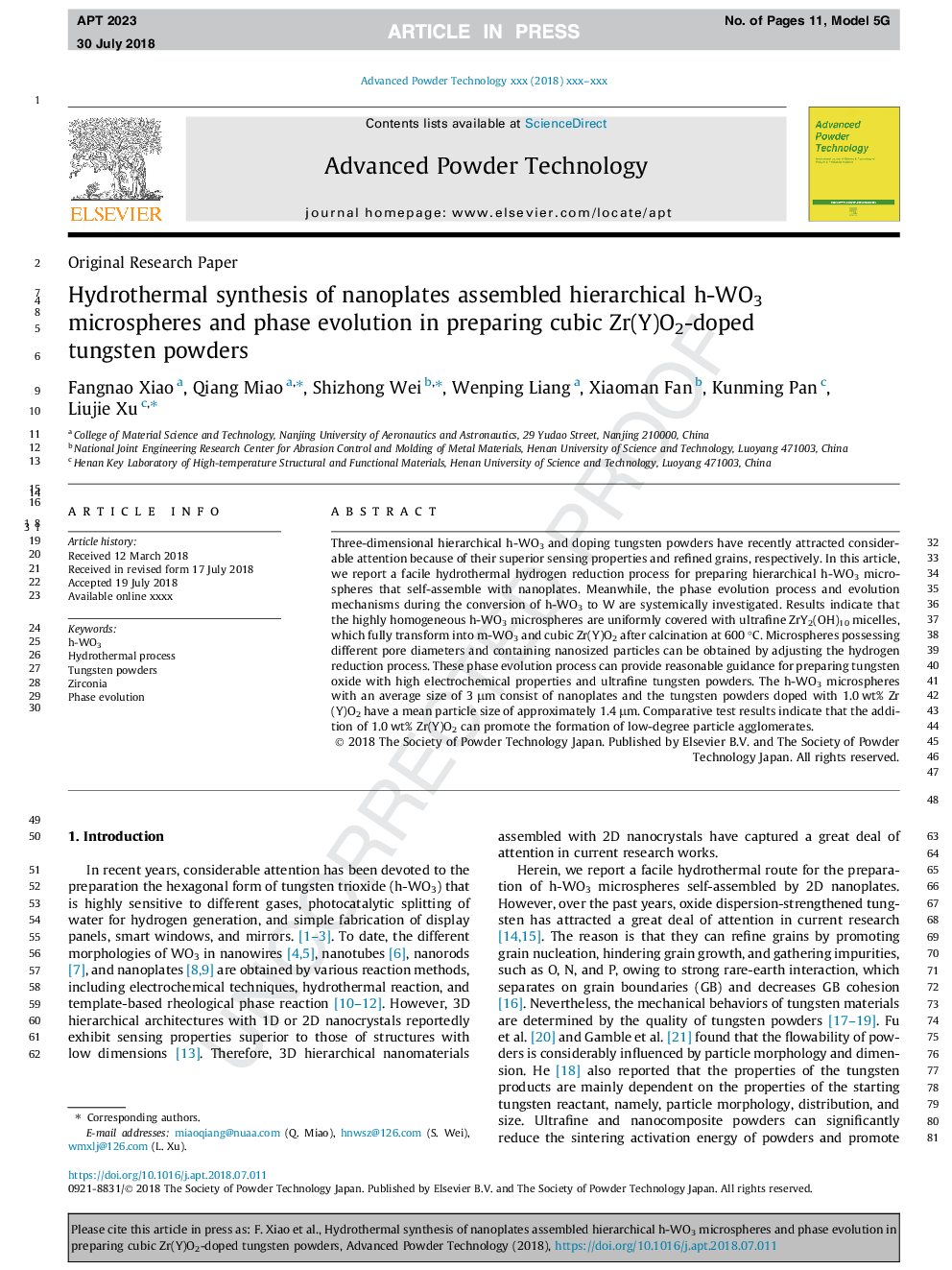 Hydrothermal synthesis of nanoplates assembled hierarchical h-WO3 microspheres and phase evolution in preparing cubic Zr(Y)O2-doped tungsten powders