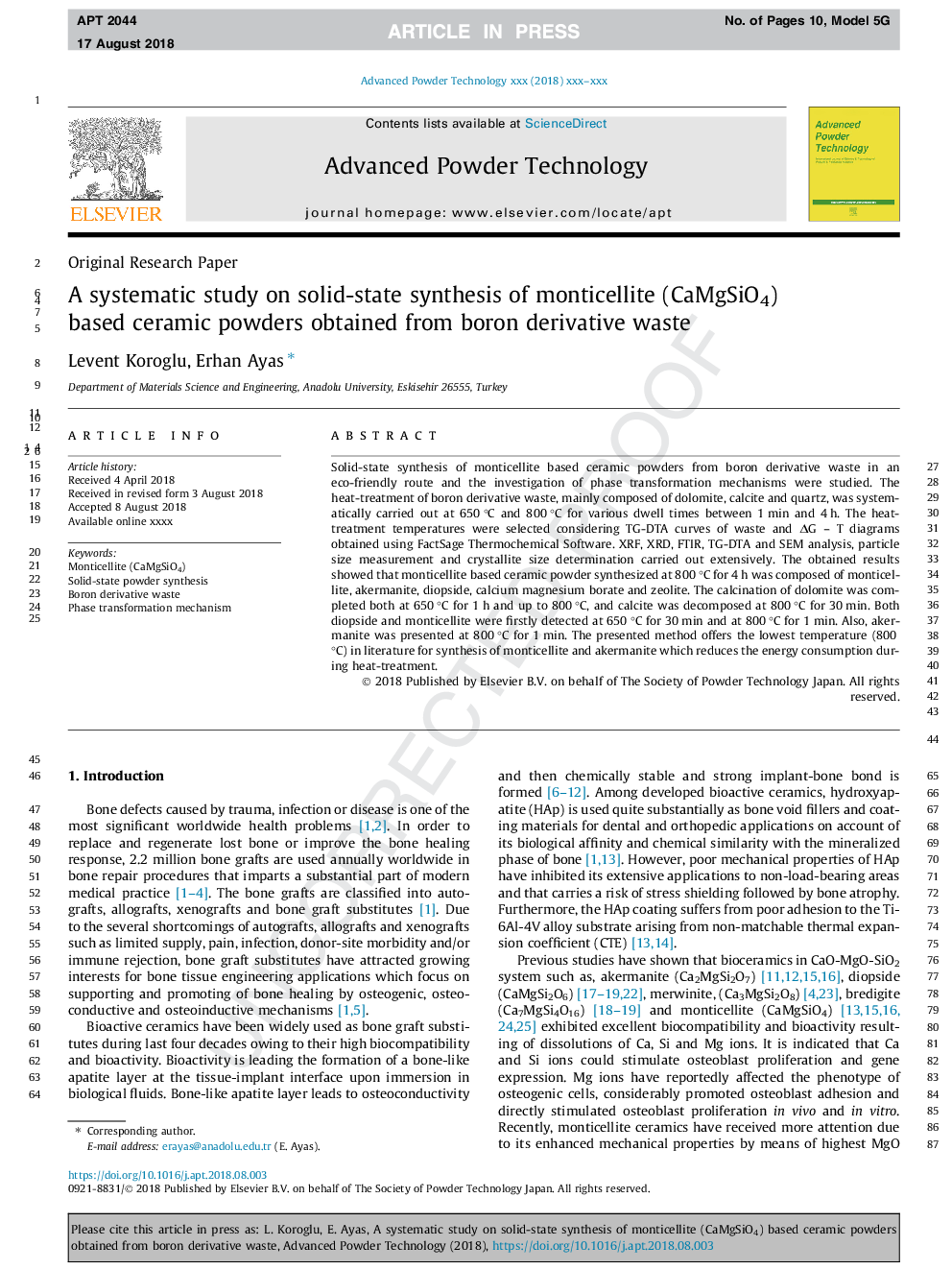 A systematic study on solid-state synthesis of monticellite (CaMgSiO4) based ceramic powders obtained from boron derivative waste