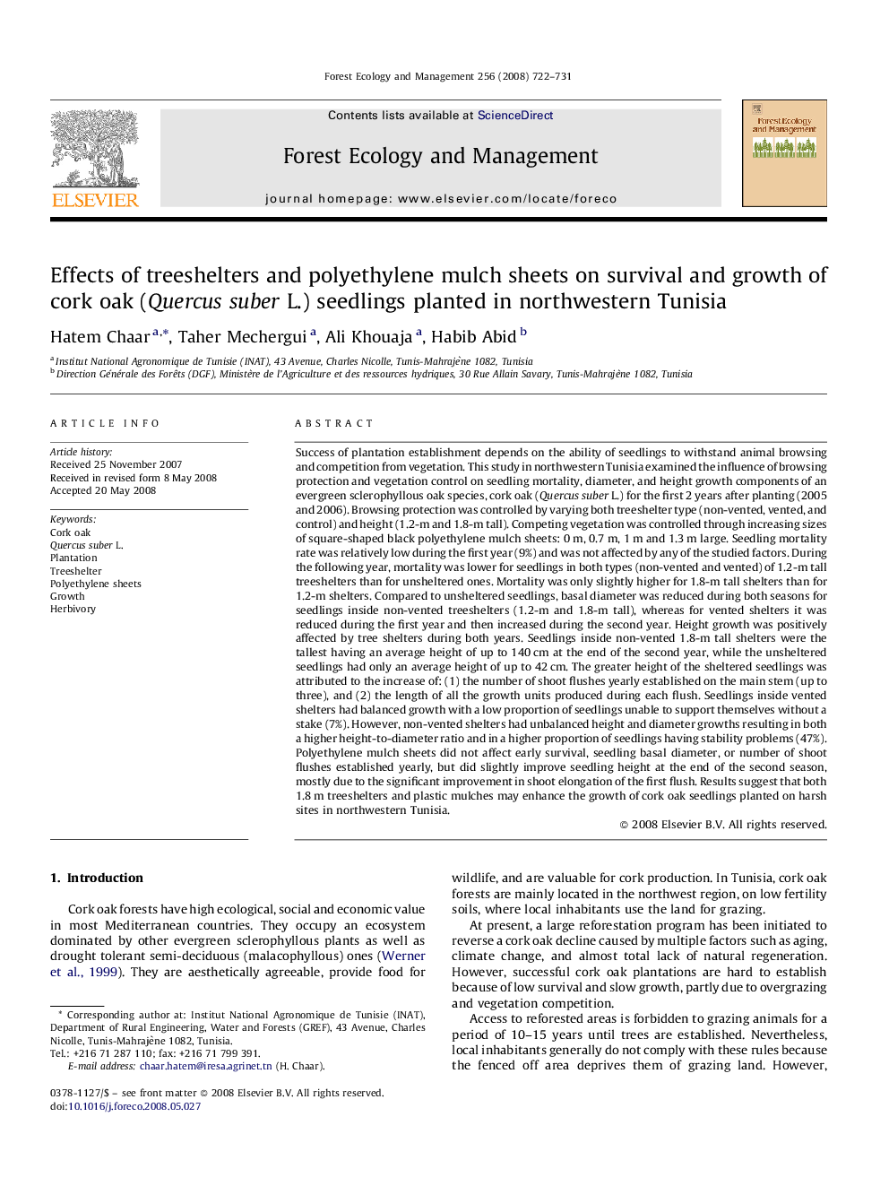 Effects of treeshelters and polyethylene mulch sheets on survival and growth of cork oak (Quercus suber L.) seedlings planted in northwestern Tunisia