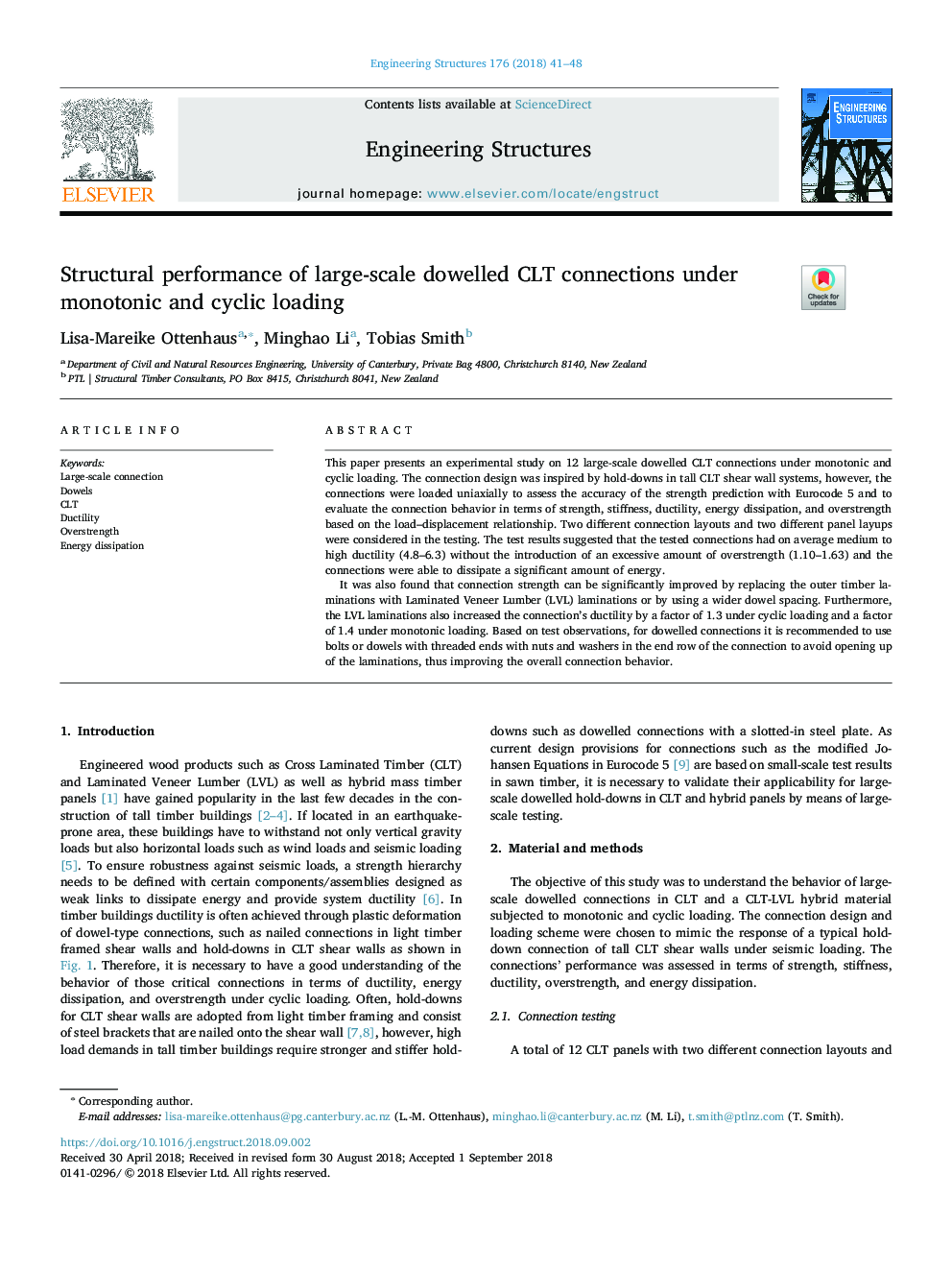 Structural performance of large-scale dowelled CLT connections under monotonic and cyclic loading
