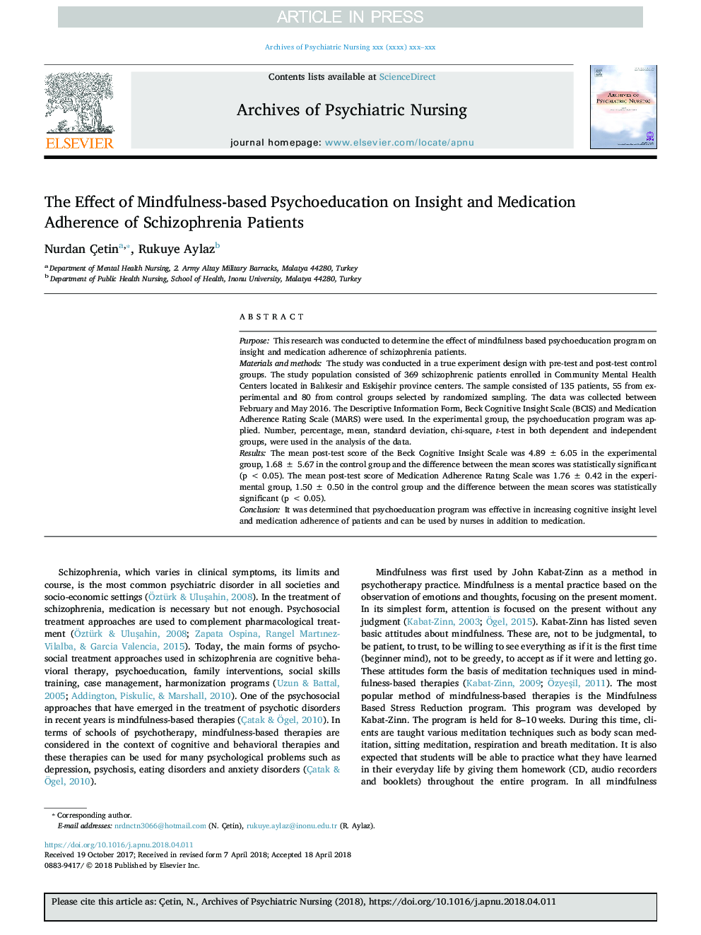 The effect of mindfulness-based psychoeducation on insight and medication adherence of schizophrenia patients