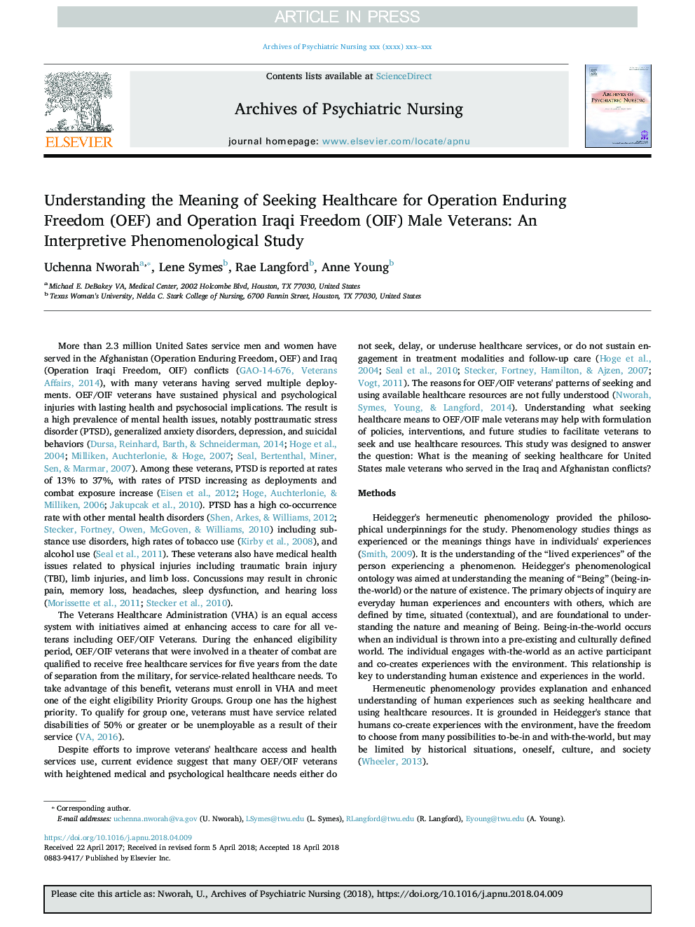 Understanding the meaning of seeking healthcare for Operation Enduring Freedom (OEF) and Operation Iraqi Freedom (OIF) male veterans: An interpretive phenomenological study