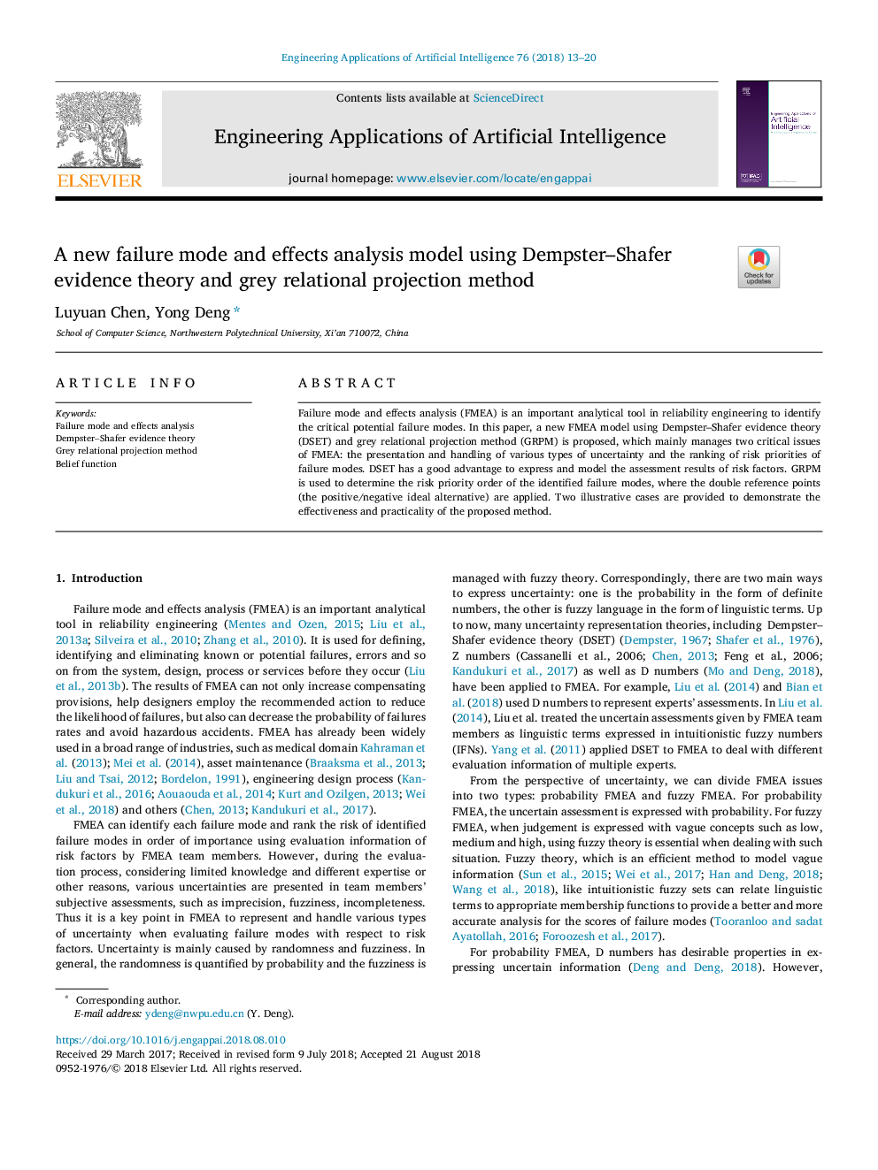 A new failure mode and effects analysis model using Dempster-Shafer evidence theory and grey relational projection method