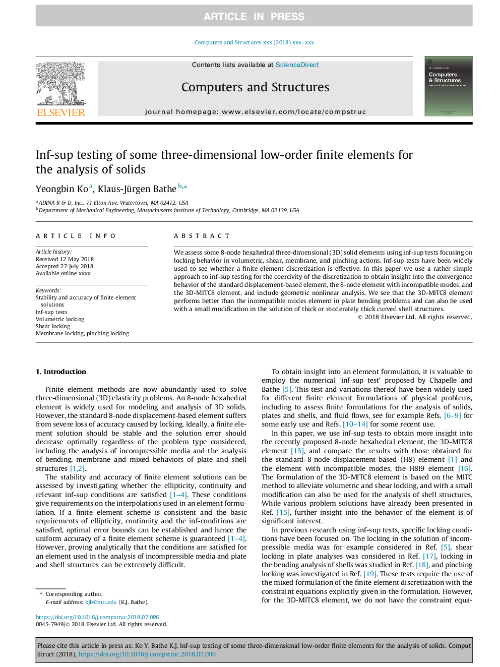 Inf-sup testing of some three-dimensional low-order finite elements for the analysis of solids