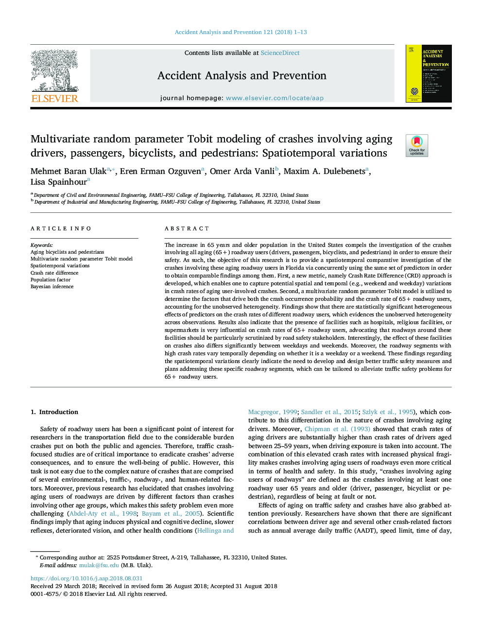 Multivariate random parameter Tobit modeling of crashes involving aging drivers, passengers, bicyclists, and pedestrians: Spatiotemporal variations