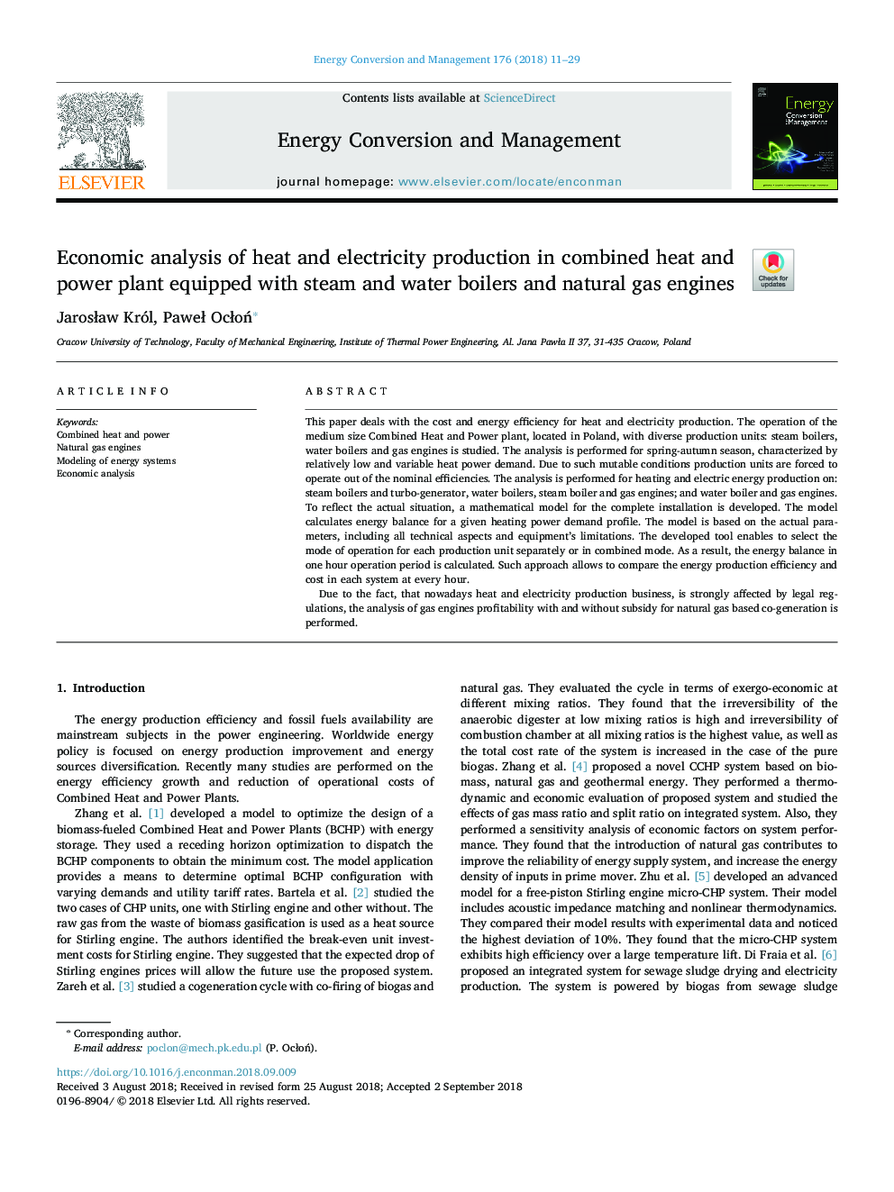 Economic analysis of heat and electricity production in combined heat and power plant equipped with steam and water boilers and natural gas engines