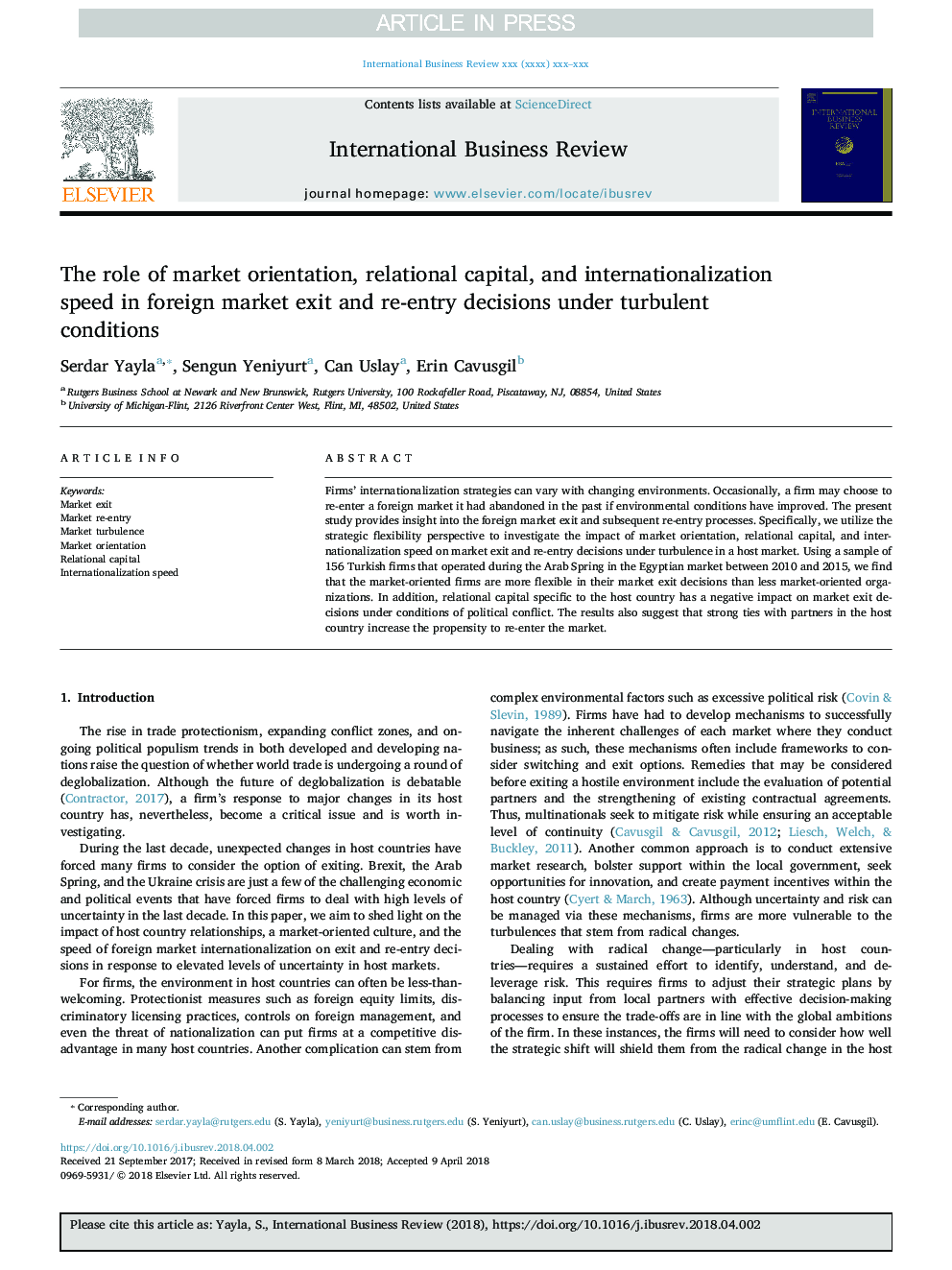 The role of market orientation, relational capital, and internationalization speed in foreign market exit and re-entry decisions under turbulent conditions