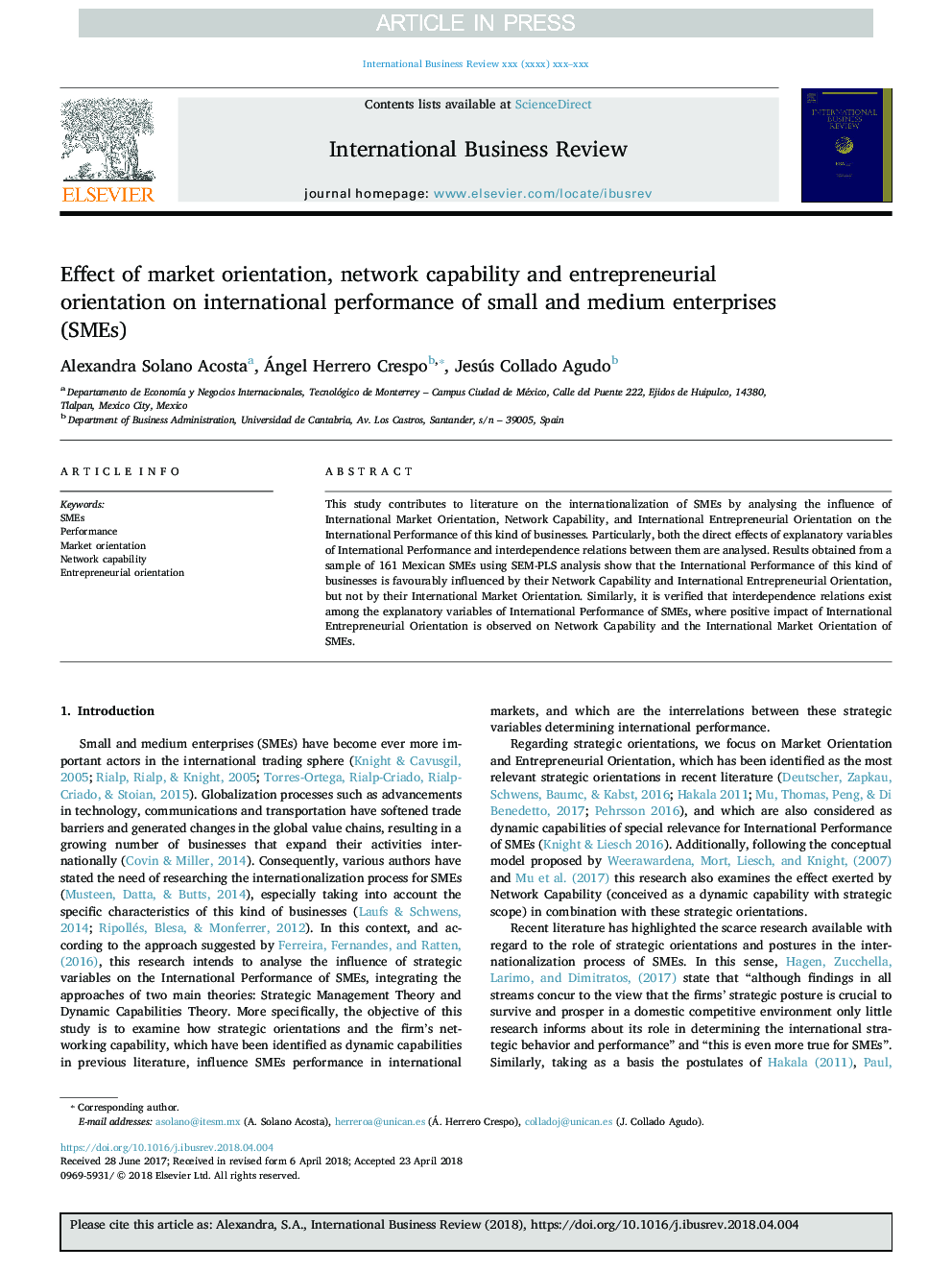 Effect of market orientation, network capability and entrepreneurial orientation on international performance of small and medium enterprises (SMEs)