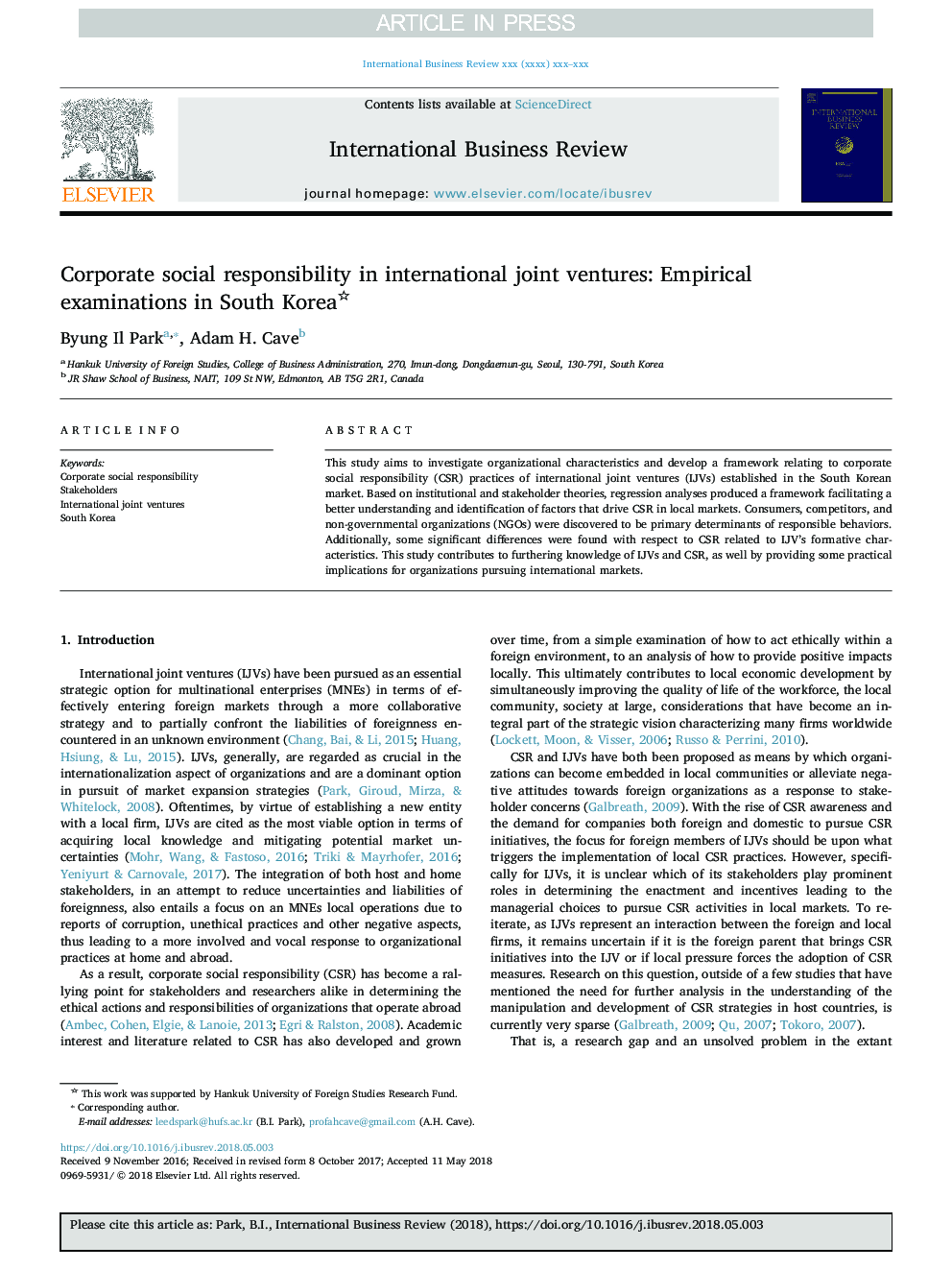 Corporate social responsibility in international joint ventures: Empirical examinations in South Korea