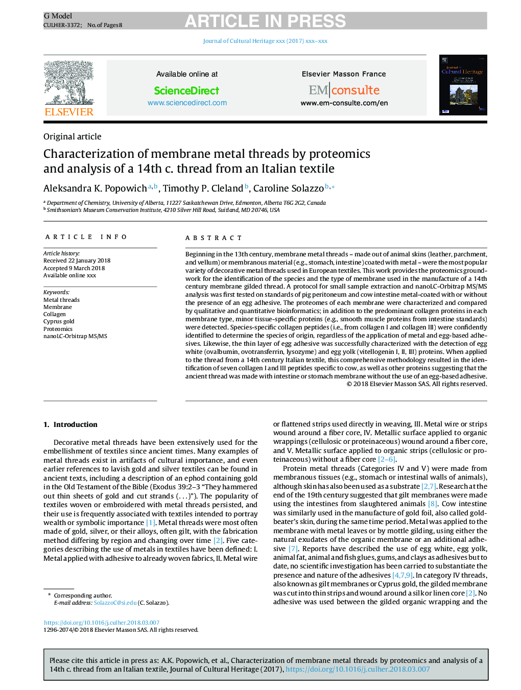 Characterization of membrane metal threads by proteomics and analysis of a 14th c. thread from an Italian textile