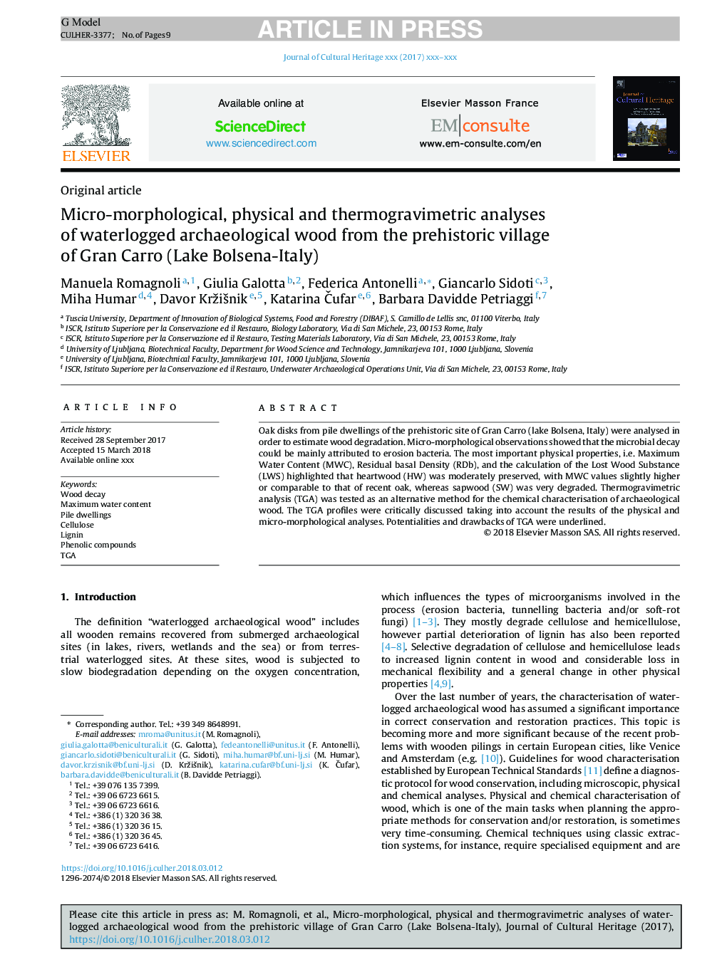 Micro-morphological, physical and thermogravimetric analyses of waterlogged archaeological wood from the prehistoric village of Gran Carro (Lake Bolsena-Italy)