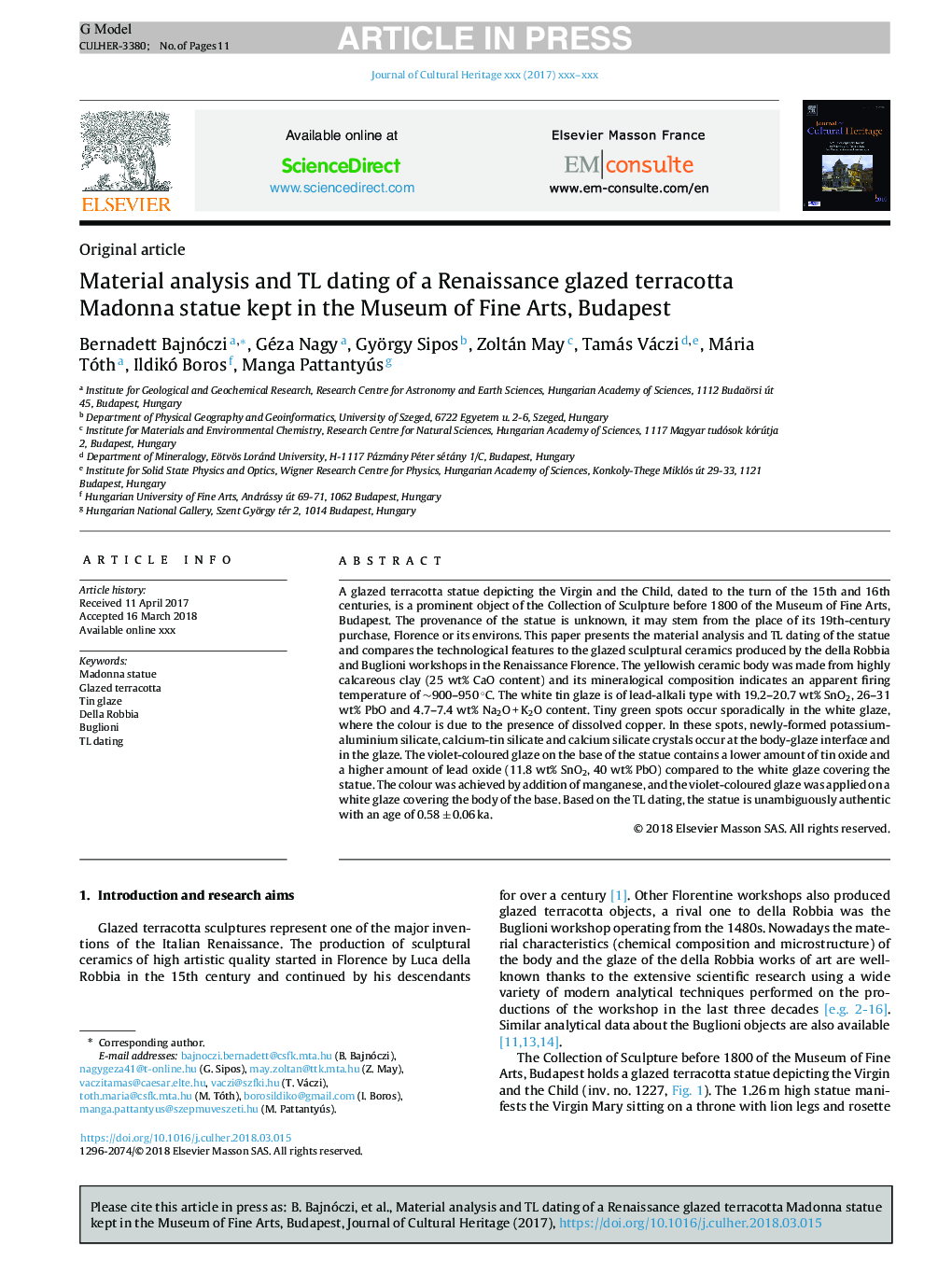 Material analysis and TL dating of a Renaissance glazed terracotta Madonna statue kept in the Museum of Fine Arts, Budapest