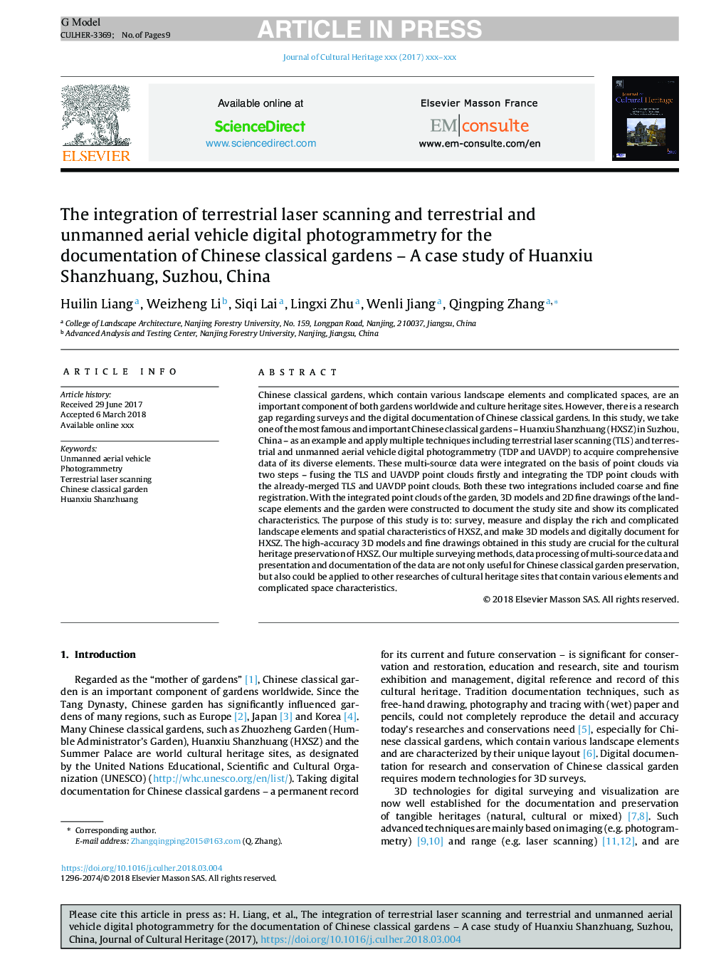 The integration of terrestrial laser scanning and terrestrial and unmanned aerial vehicle digital photogrammetry for the documentation of Chinese classical gardens -Â A case study of Huanxiu Shanzhuang, Suzhou, China