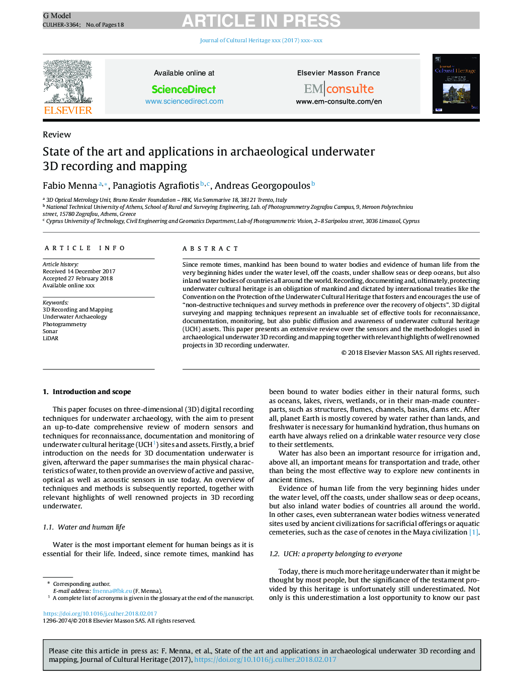 State of the art and applications in archaeological underwater 3D recording and mapping