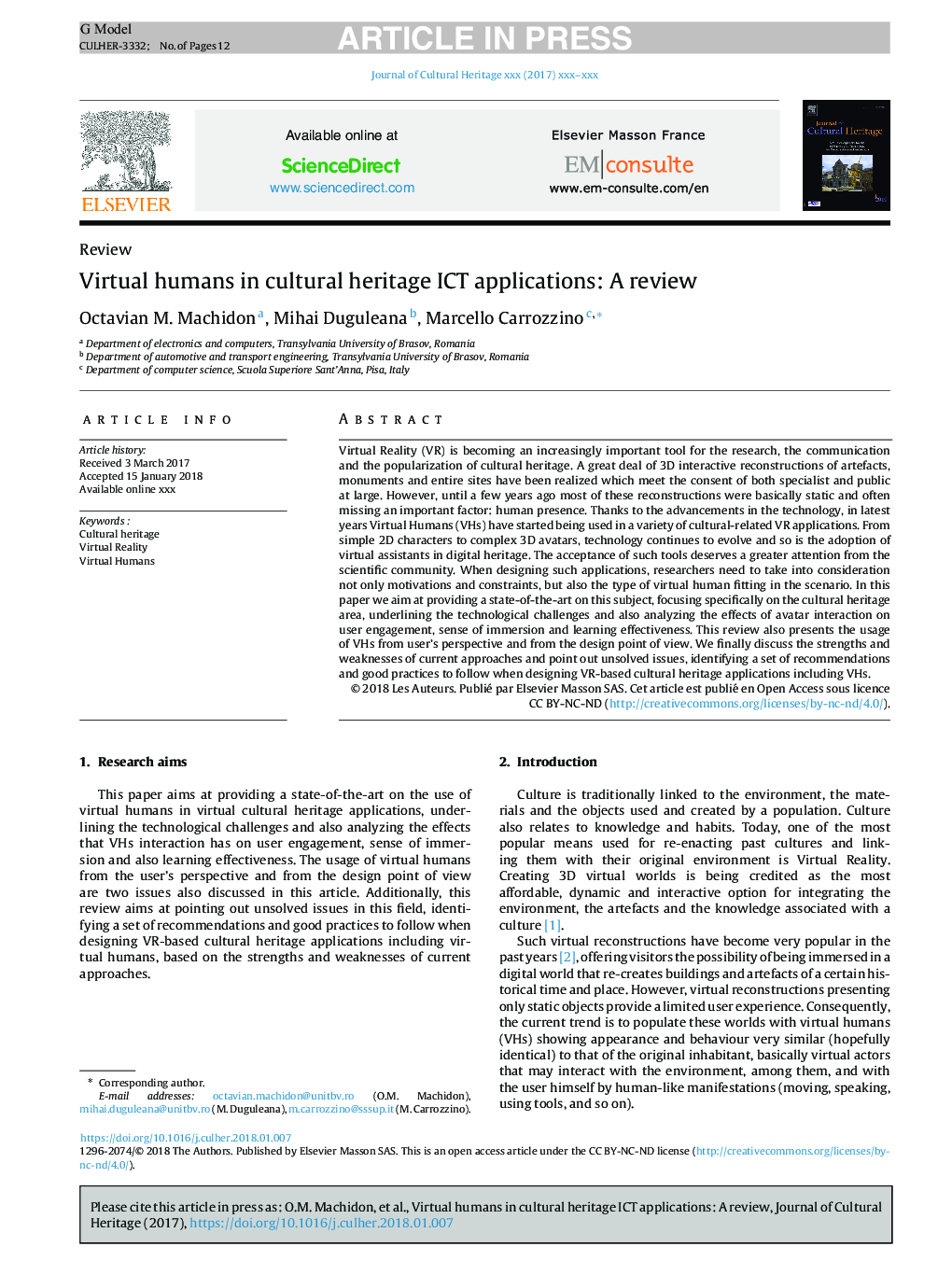 Virtual humans in cultural heritage ICT applications: A review