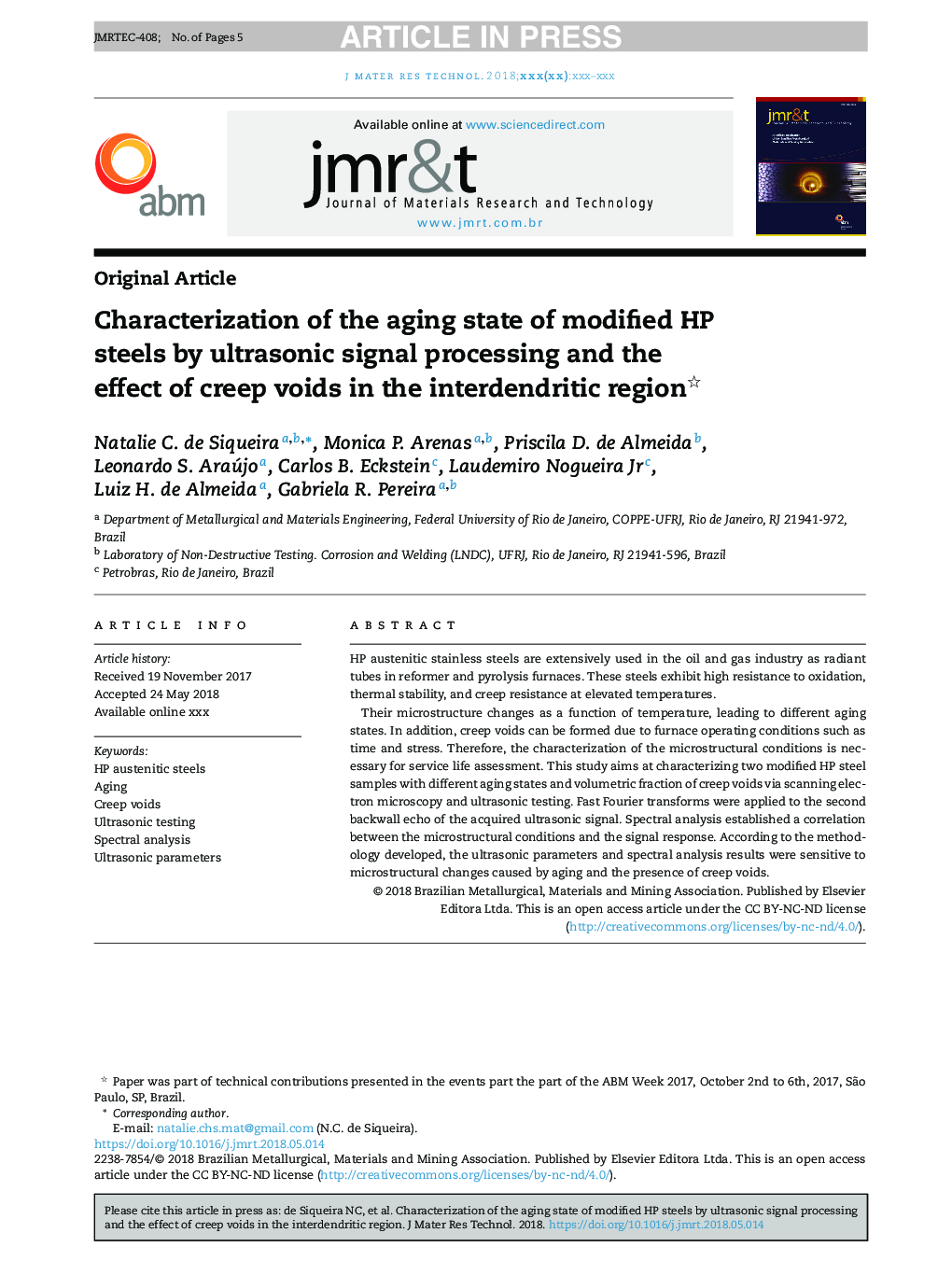 Characterization of the aging state of modified HP steels by ultrasonic signal processing and the effect of creep voids in the interdendritic region
