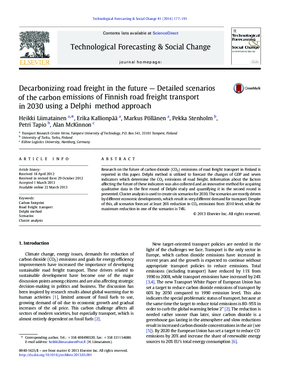 Decarbonizing road freight in the future — Detailed scenarios of the carbon emissions of Finnish road freight transport in 2030 using a Delphi method approach