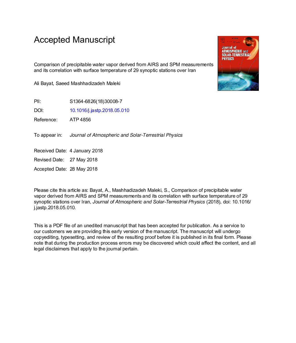 Comparison of precipitable water vapor derived from AIRS and SPM measurements and its correlation with surface temperature of 29 synoptic stations over Iran