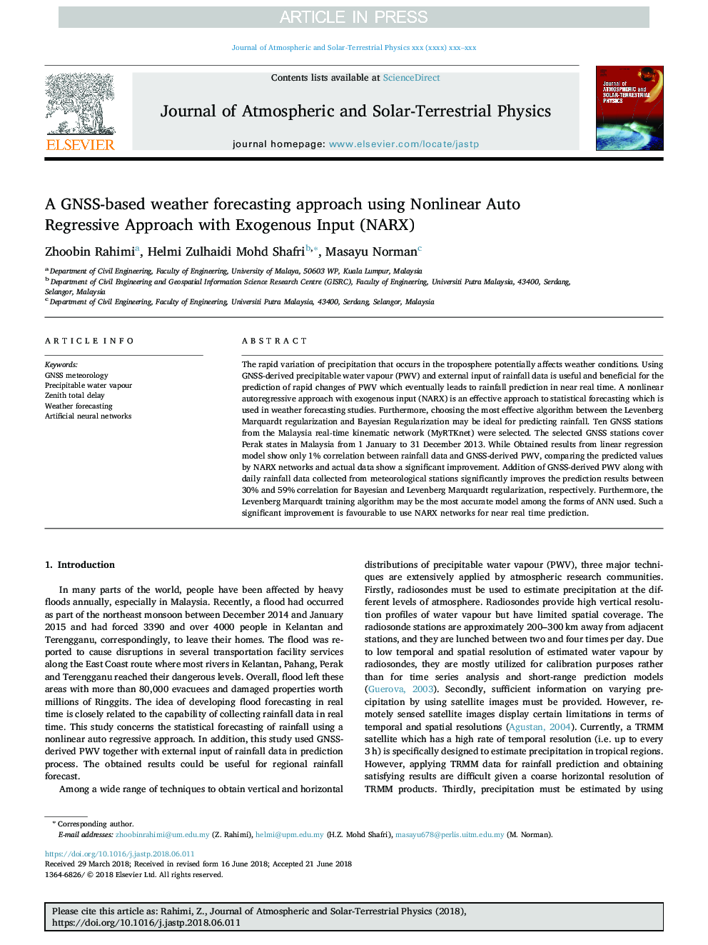 A GNSS-based weather forecasting approach using Nonlinear Auto Regressive Approach with Exogenous Input (NARX)