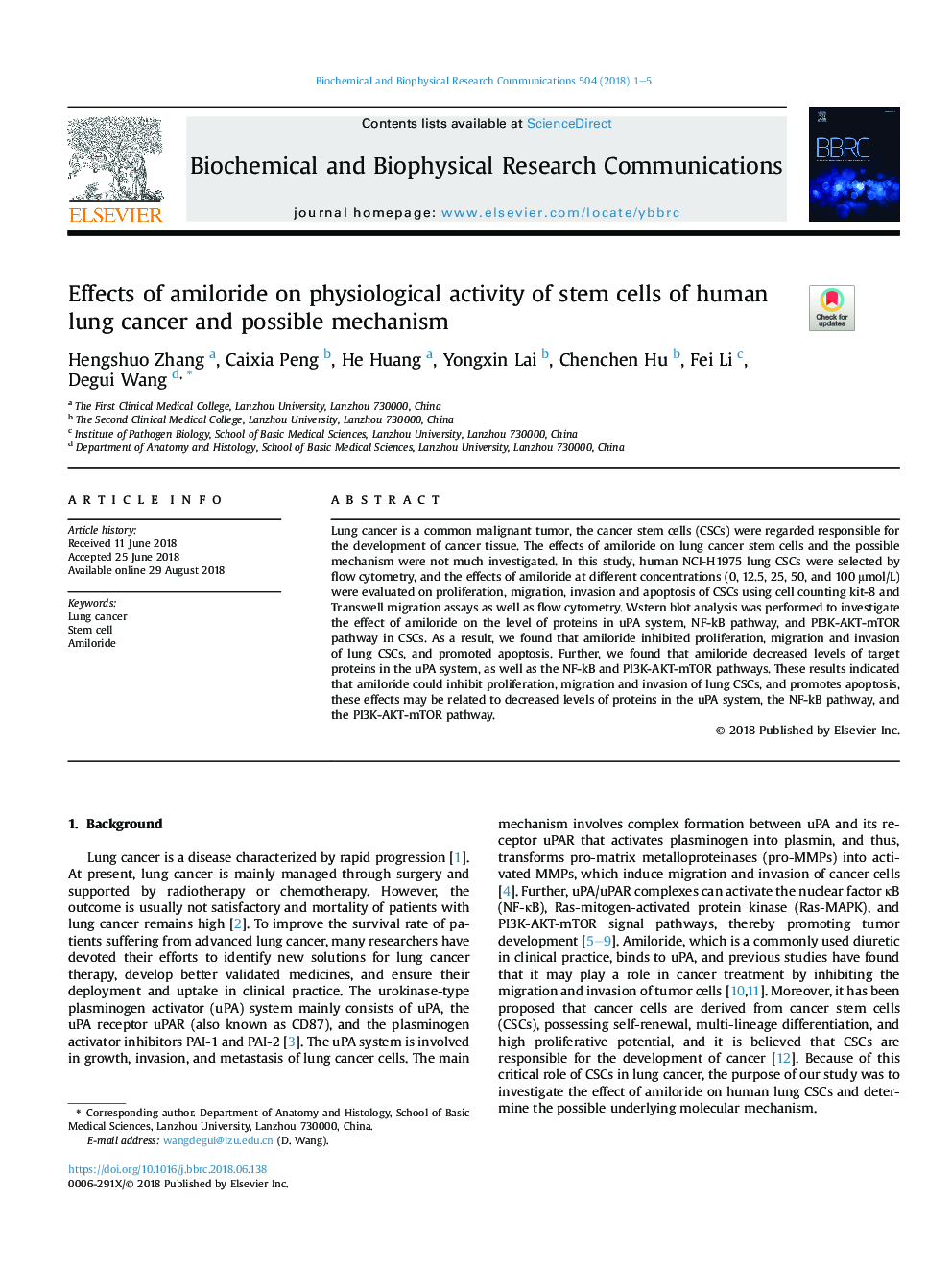 Effects of amiloride on physiological activity of stem cells of human lung cancer and possible mechanism