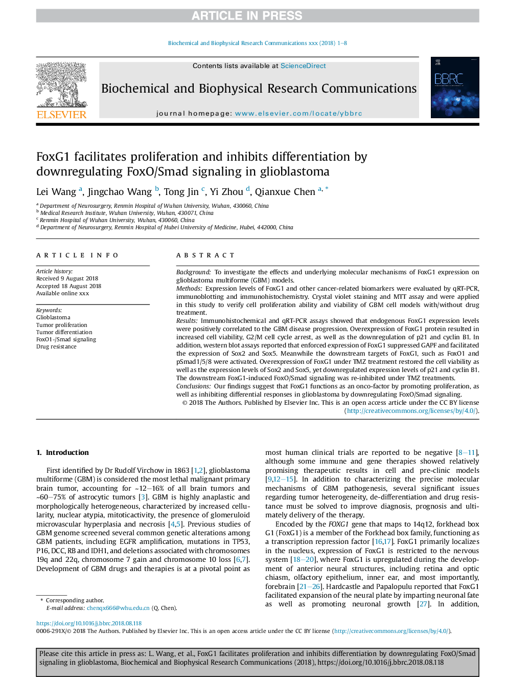 FoxG1 facilitates proliferation and inhibits differentiation by downregulating FoxO/Smad signaling in glioblastoma