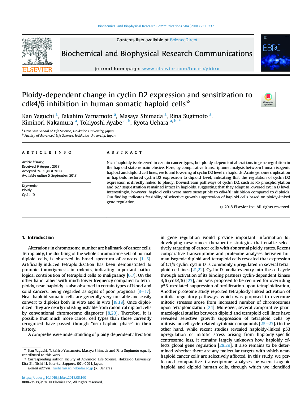 Ploidy-dependent change in cyclin D2 expression and sensitization to cdk4/6 inhibition in human somatic haploid cells