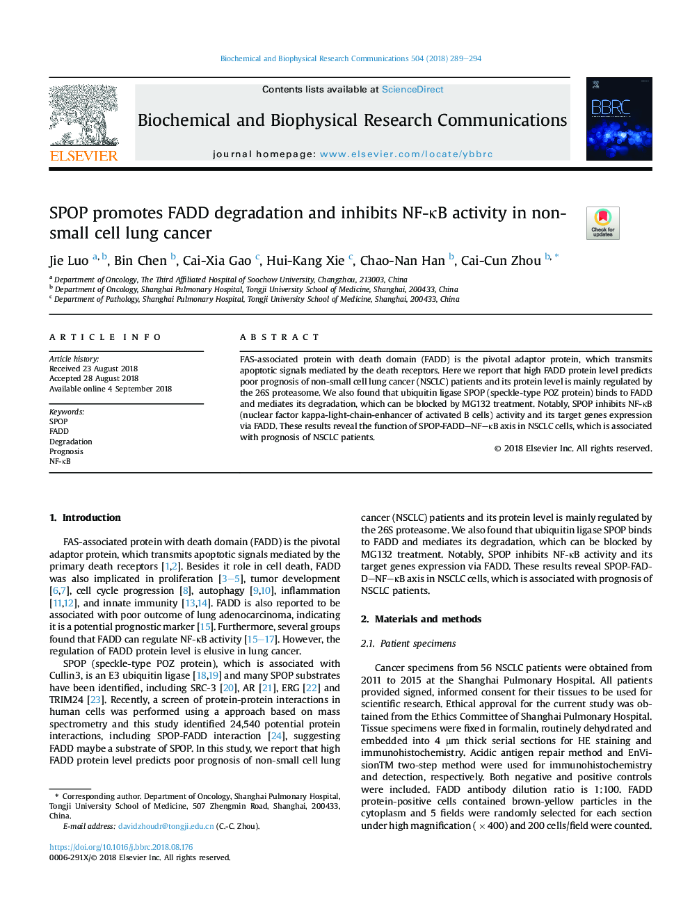 SPOP promotes FADD degradation and inhibits NF-ÎºB activity in non-small cell lung cancer