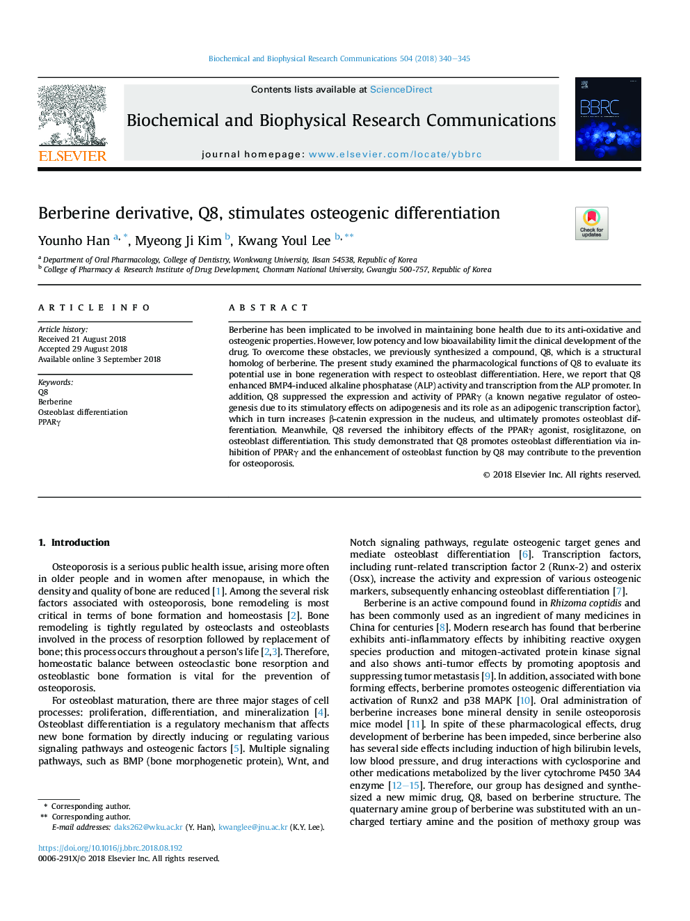 Berberine derivative, Q8, stimulates osteogenic differentiation