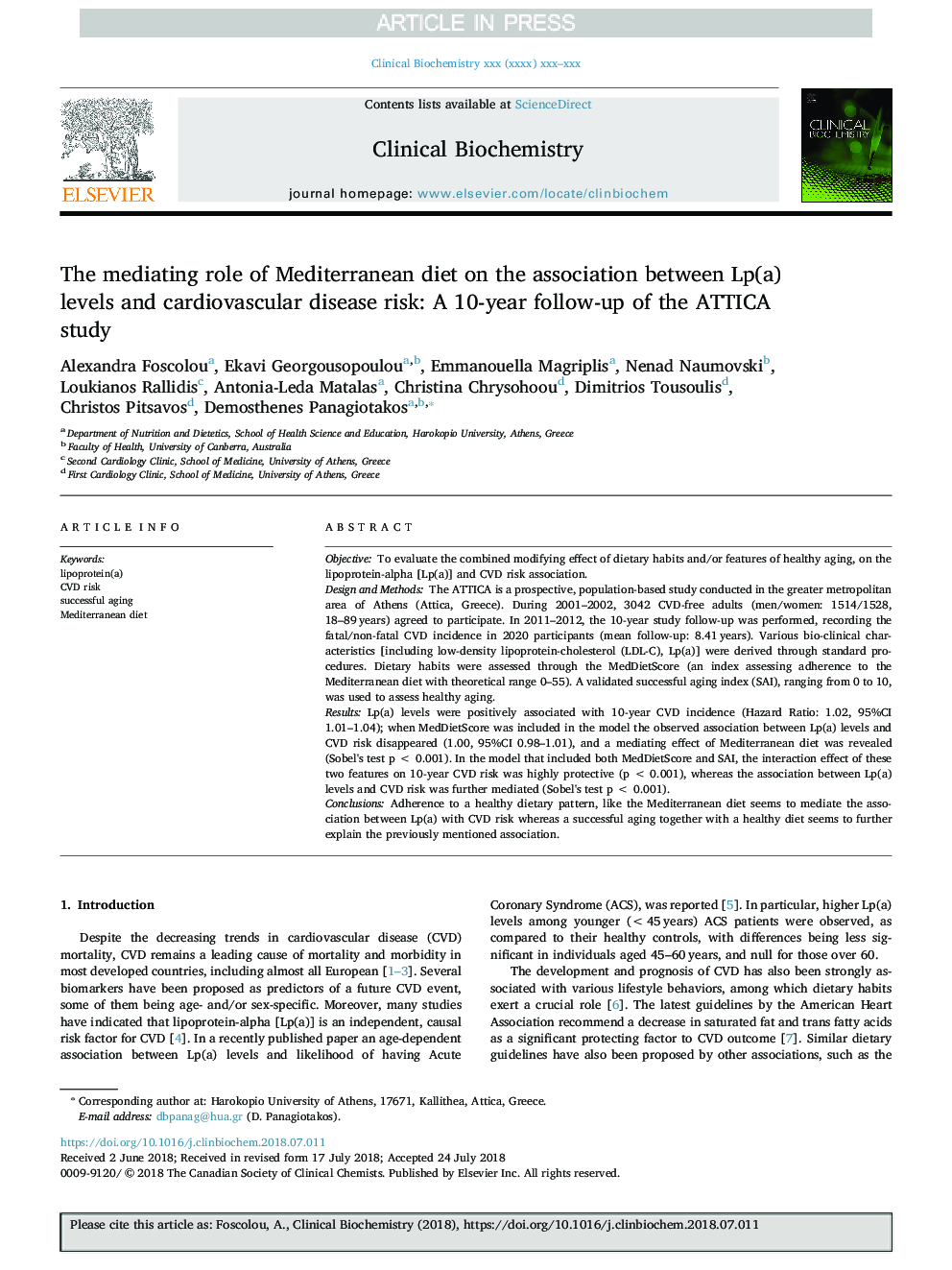 The mediating role of Mediterranean diet on the association between Lp(a) levels and cardiovascular disease risk: A 10-year follow-up of the ATTICA study