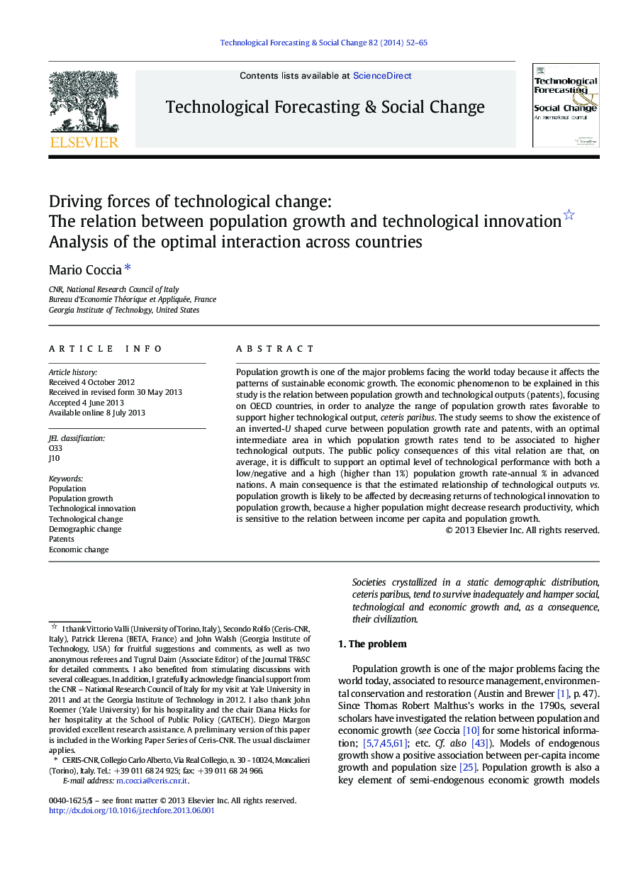 Driving forces of technological change: The relation between population growth and technological innovation : Analysis of the optimal interaction across countries
