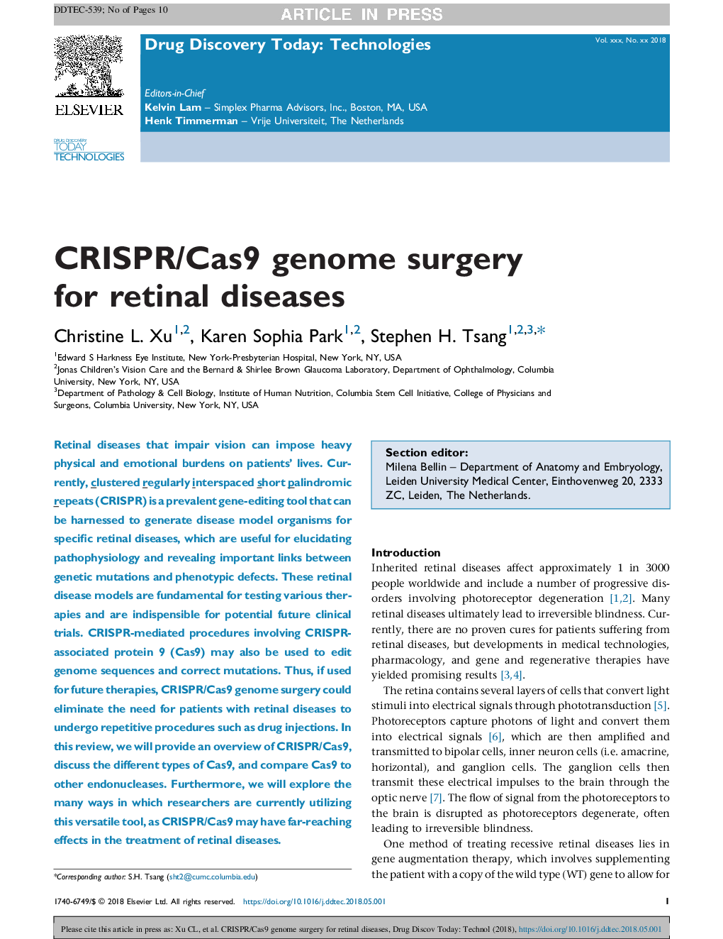 CRISPR/Cas9 genome surgery for retinal diseases