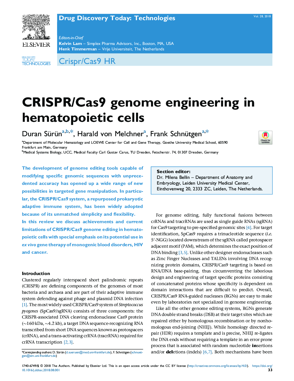 CRISPR/Cas9 genome engineering in hematopoietic cells