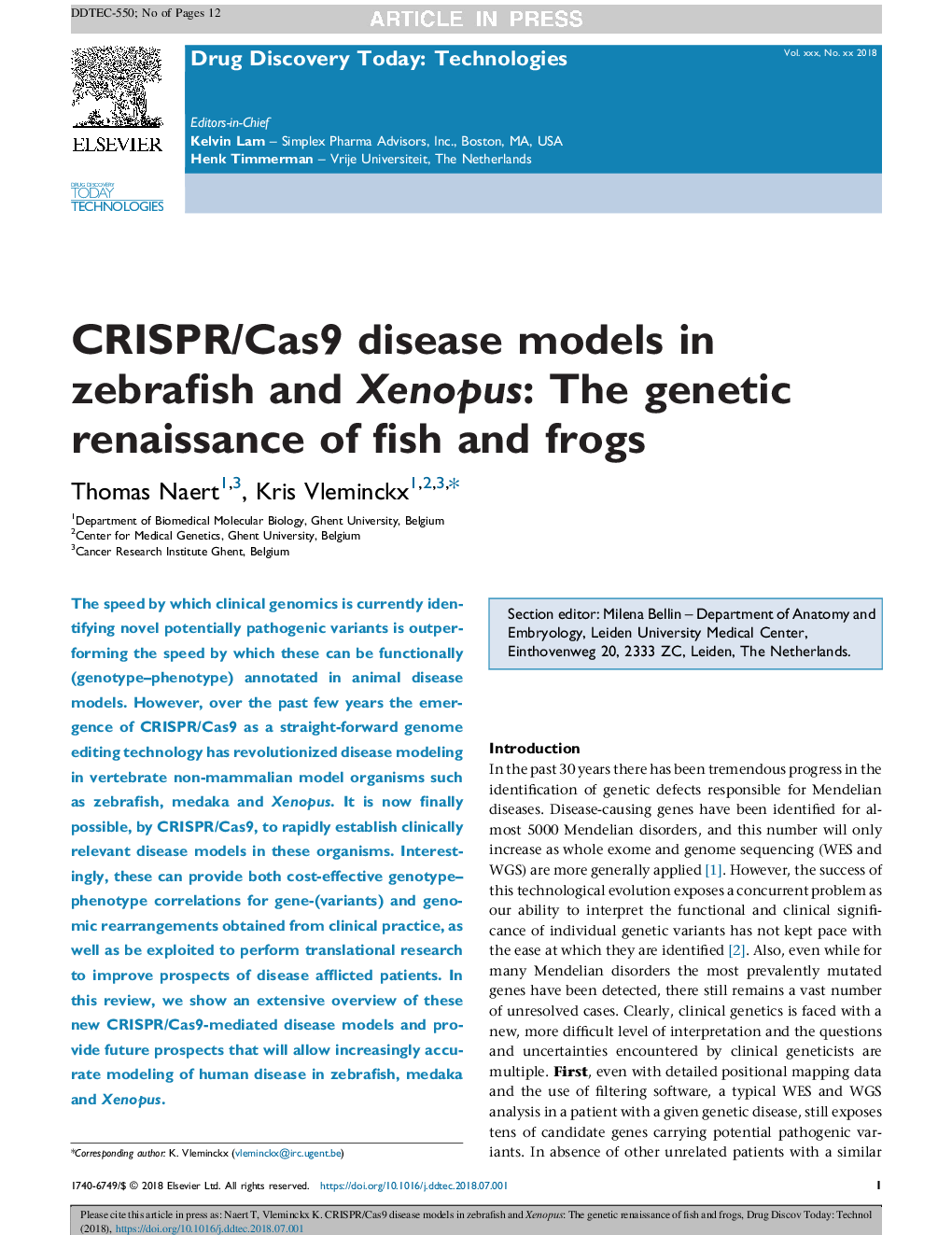 CRISPR/Cas9 disease models in zebrafish and Xenopus: The genetic renaissance of fish and frogs