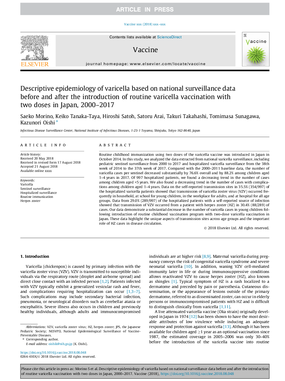 Descriptive epidemiology of varicella based on national surveillance data before and after the introduction of routine varicella vaccination with two doses in Japan, 2000-2017